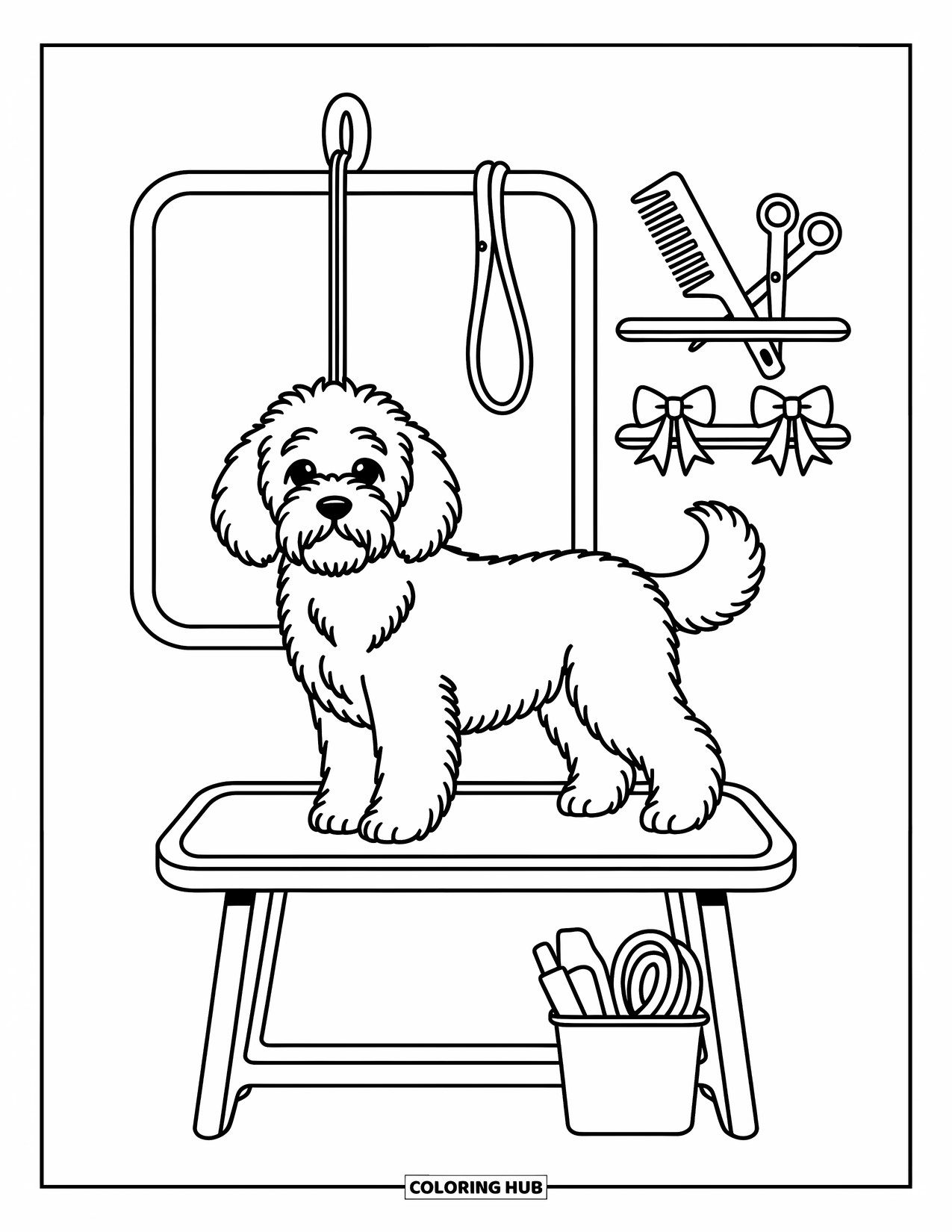 Goldendoodle Coloring Page for Adults: Goldendoodle standing on a grooming table with bows, comb, and scissors nearby