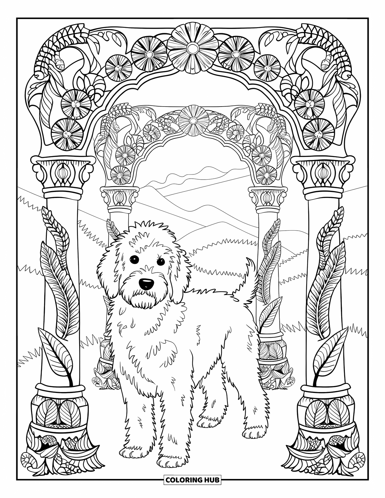 Goldendoodle Coloring Page for Adults: Goldendoodle standing under ornate floral arches with mountains behind
