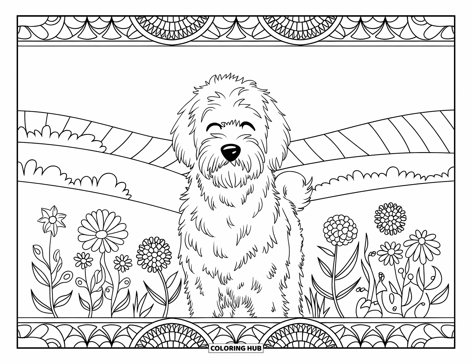Goldendoodle Coloring Page for Adults: Goldendoodle with eyes closed in a flower field and mandala border