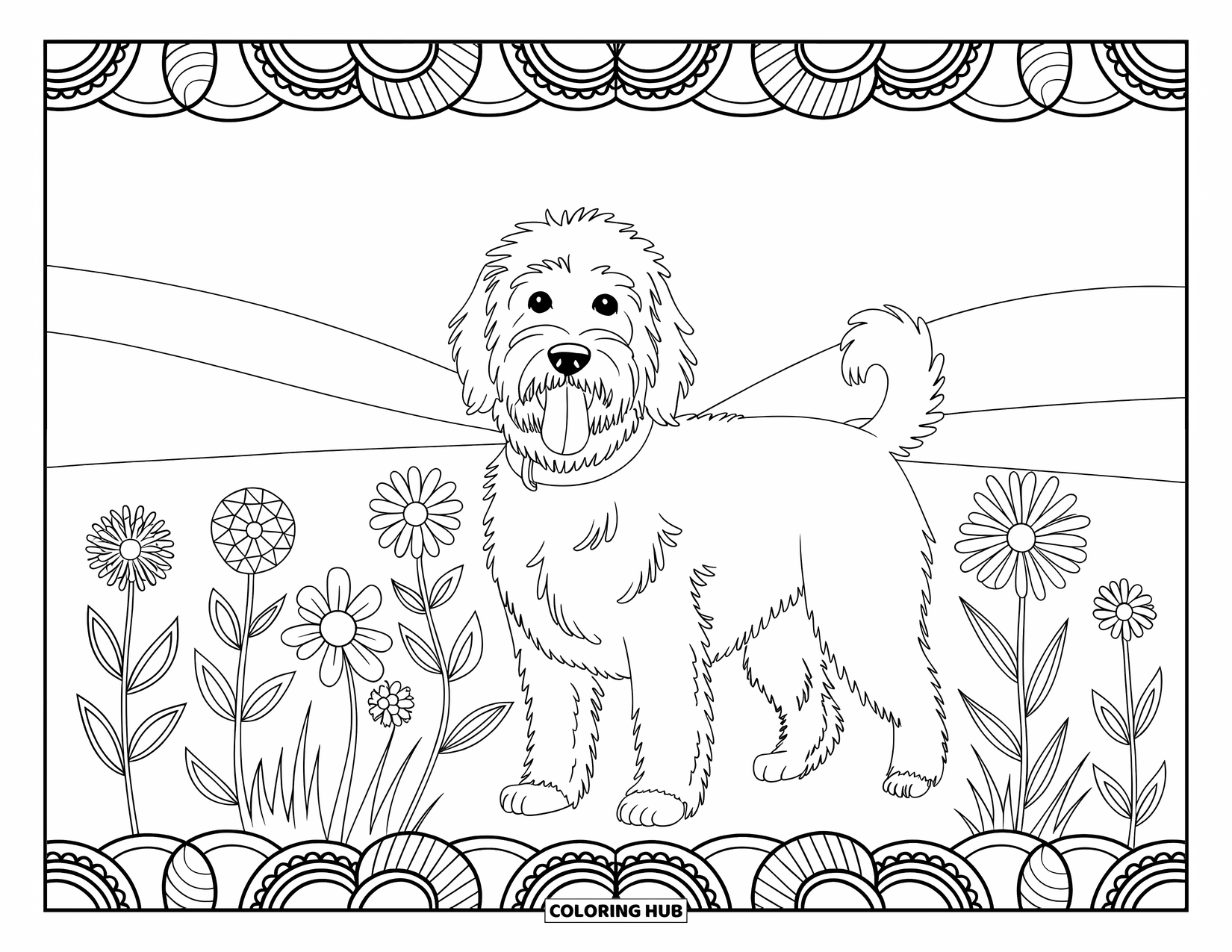 Goldendoodle Coloring Page for Adults: Goldendoodle with tongue out in a blooming field and mandala border