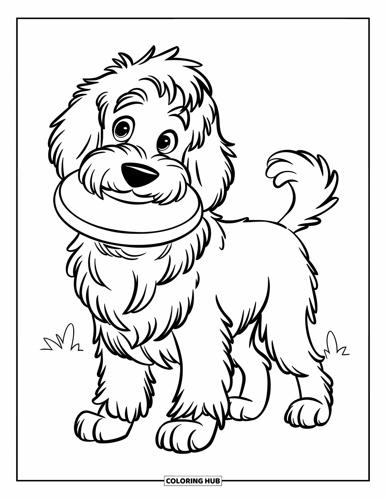 Goldendoodle Coloring Page for Kids: Goldendoodle holding a frisbee in its mouth on a grassy field