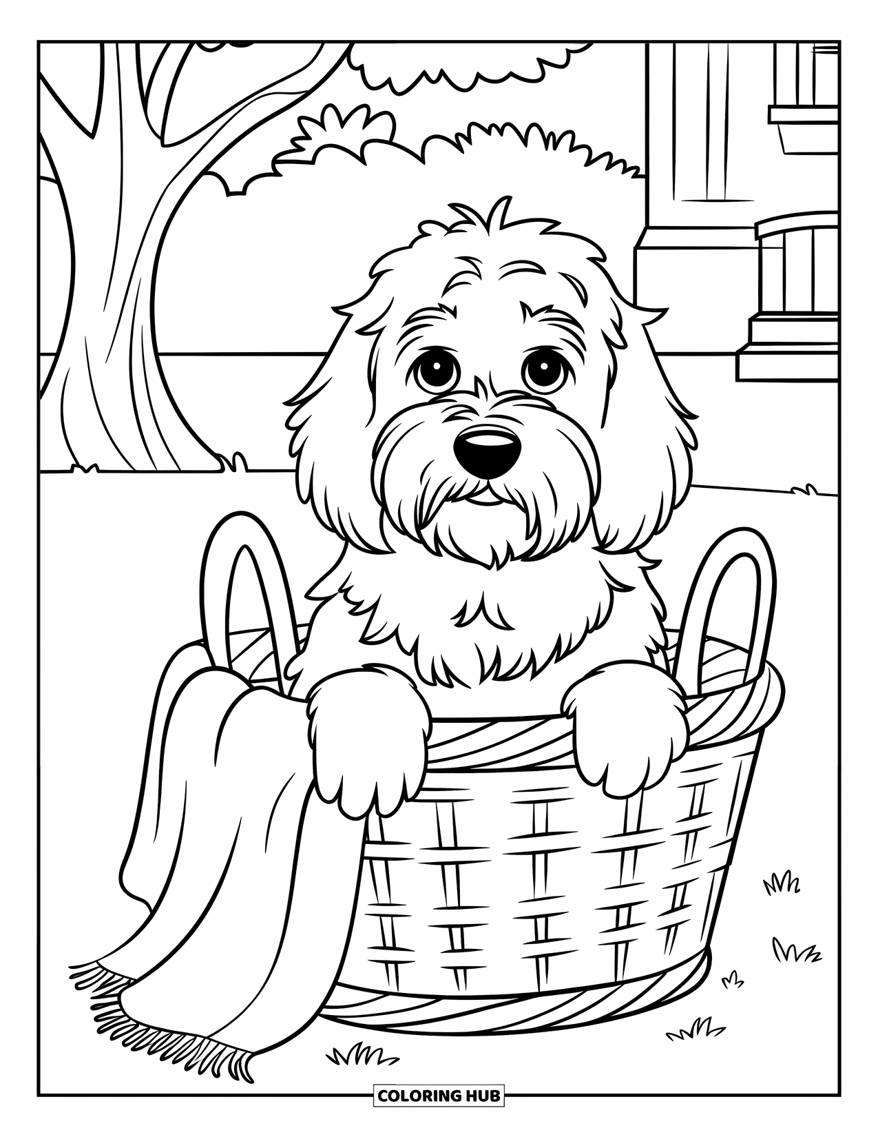 Goldendoodle Coloring Page for Kids: Goldendoodle in a basket on a grassy field with a tree and building
