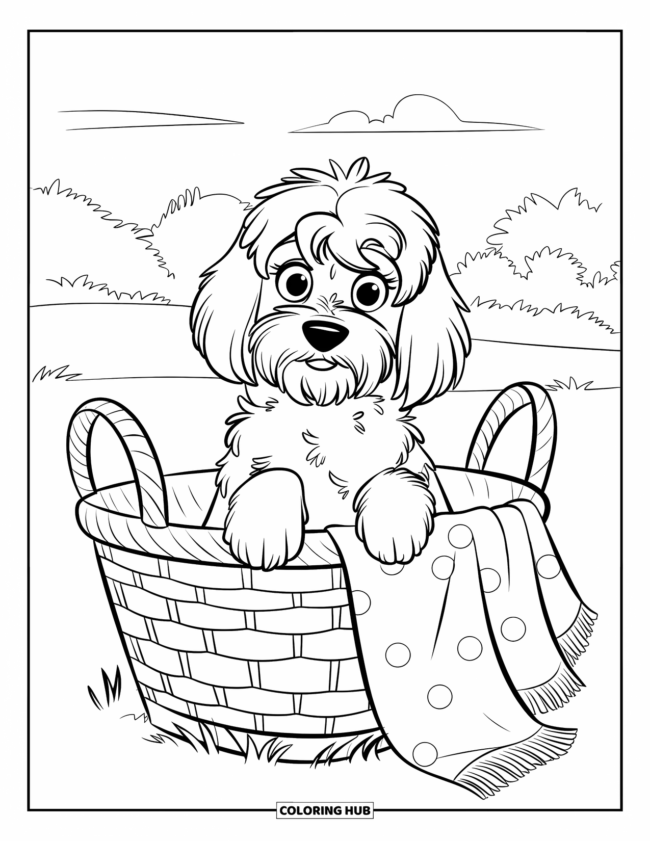 Goldendoodle Coloring Page for Kids: Goldendoodle in a basket with a patterned blanket and cloudy sky