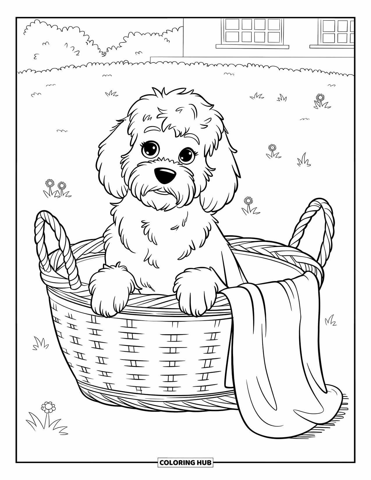 Goldendoodle Coloring Page for Kids: Goldendoodle in a woven basket with flowers in a grassy field