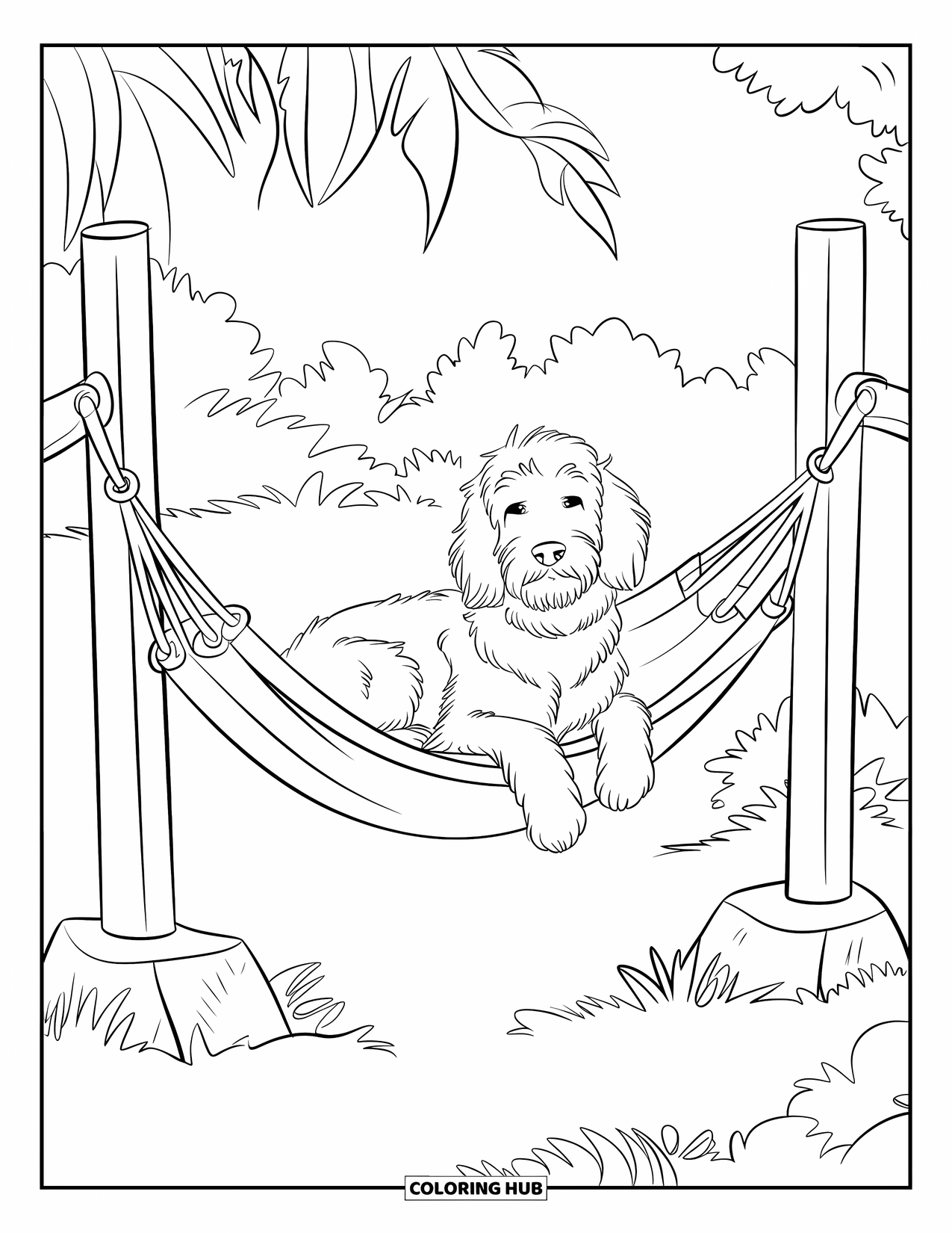 Goldendoodle Coloring Page for Kids: Goldendoodle relaxing on a hammock surrounded by lush greenery
