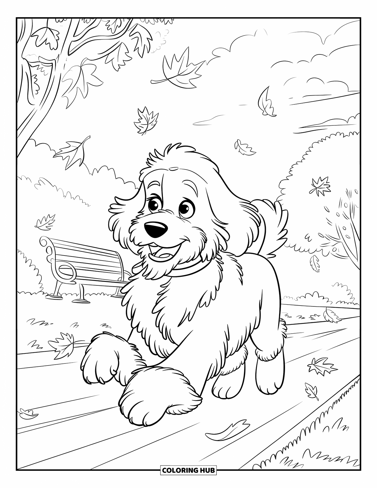 Goldendoodle Coloring Page for Kids: Goldendoodle running through a park with leaves and a bench nearby