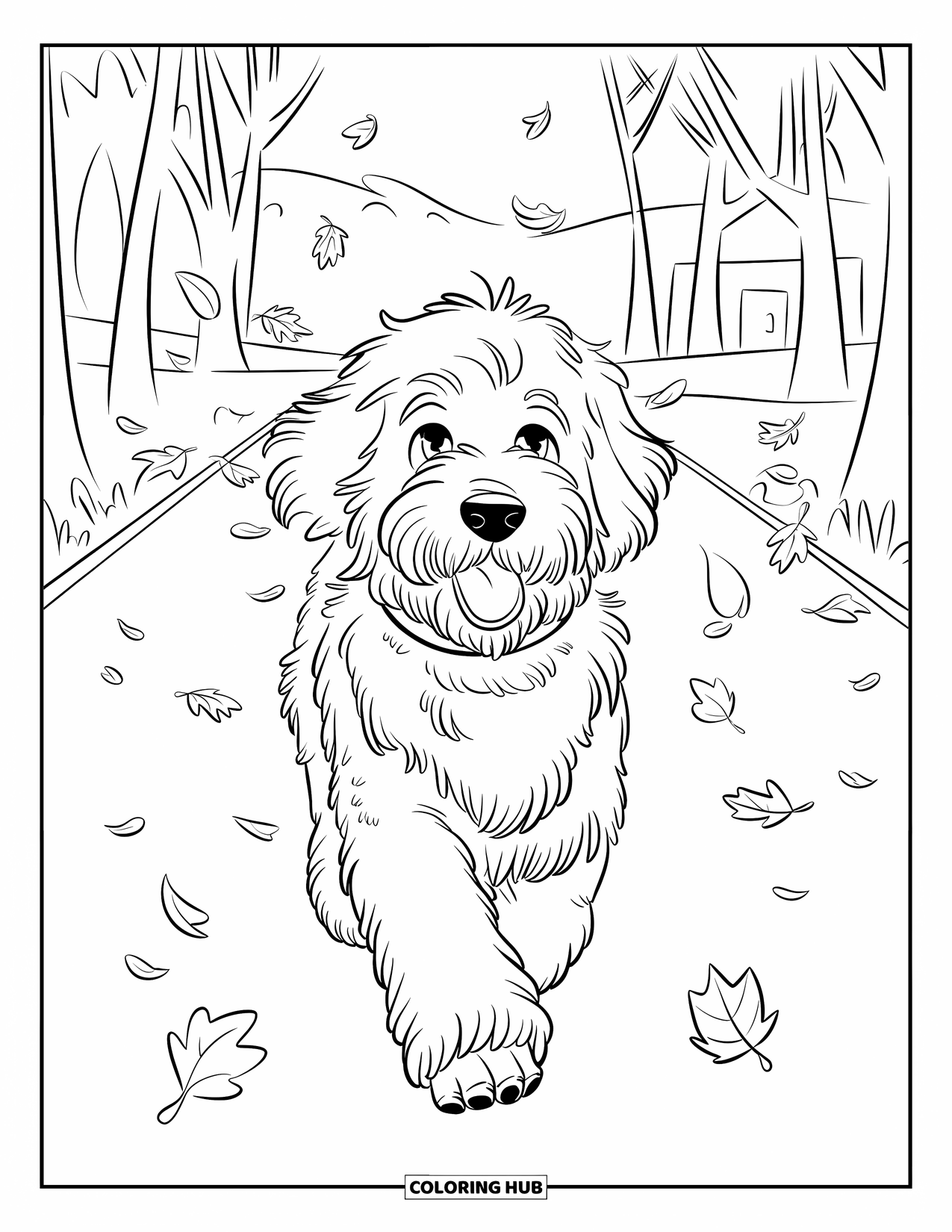 Goldendoodle Coloring Page for Kids: Goldendoodle running through a park with scattered and floating leaves