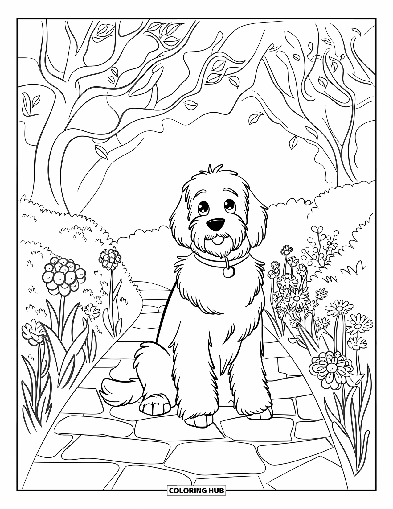 Goldendoodle Coloring Page for Kids: Goldendoodle sitting on a stone path among tall flowers and delicate trees
