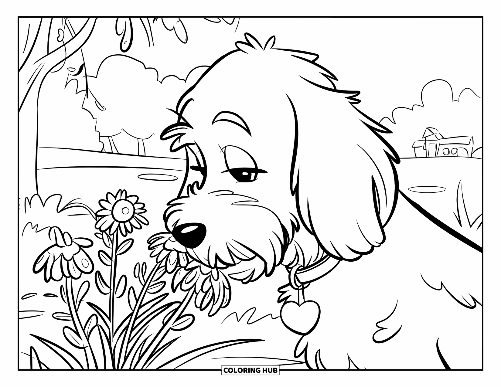 Goldendoodle Coloring Page for Kids: Goldendoodle sniffing wildflowers in a vase with a distant building behind