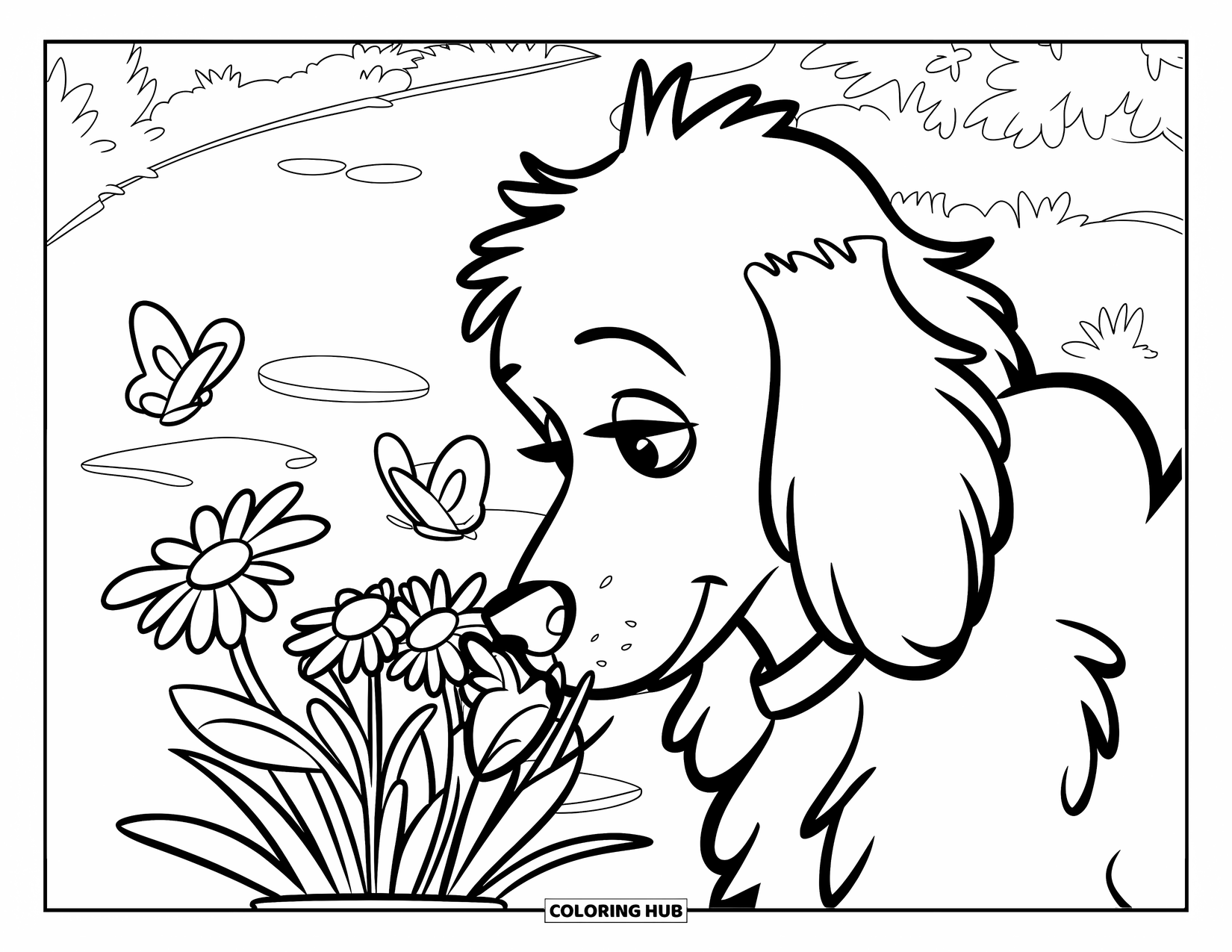 Goldendoodle Coloring Page for Kids: Goldendoodle sniffing wildflowers in a vase with butterflies nearby