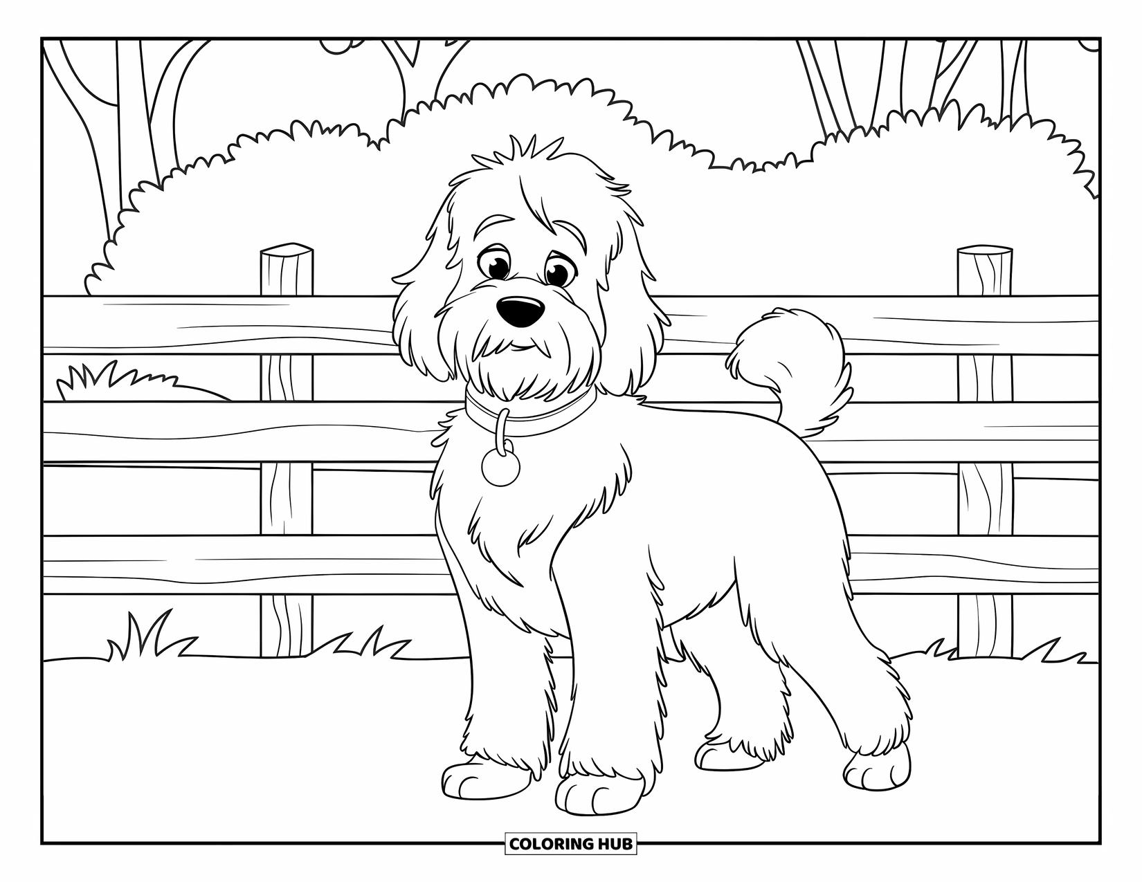 Goldendoodle Coloring Page for Kids: Goldendoodle standing near a three-rail wooden fence with grass and trees