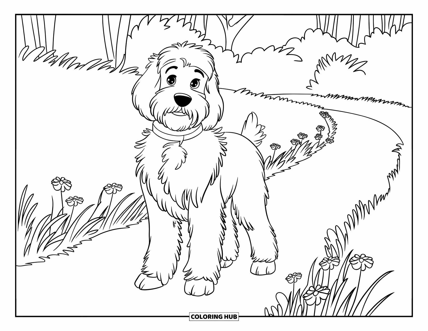 Goldendoodle Coloring Page for Kids: Goldendoodle standing on a flower-lined path surrounded by tall grass and trees