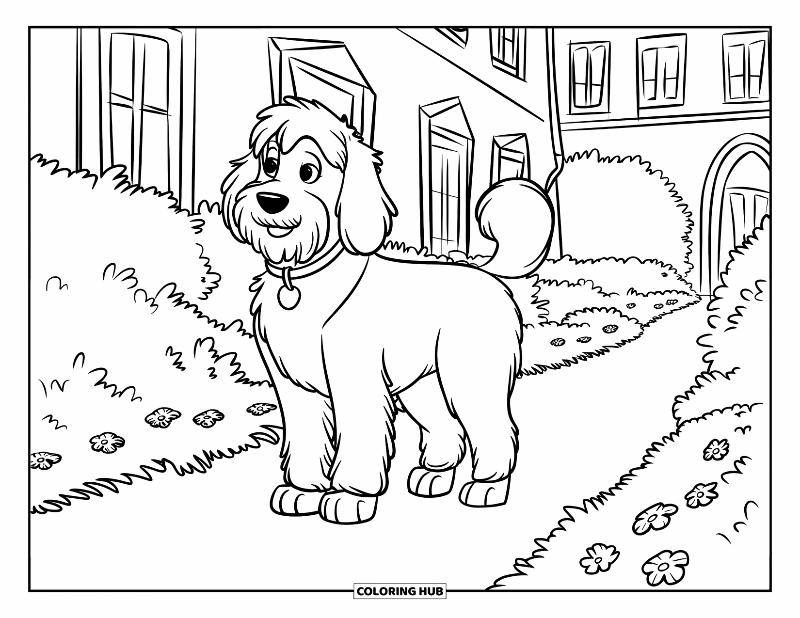 Goldendoodle Coloring Page for Kids: Goldendoodle standing on a path lined with flowers near a building