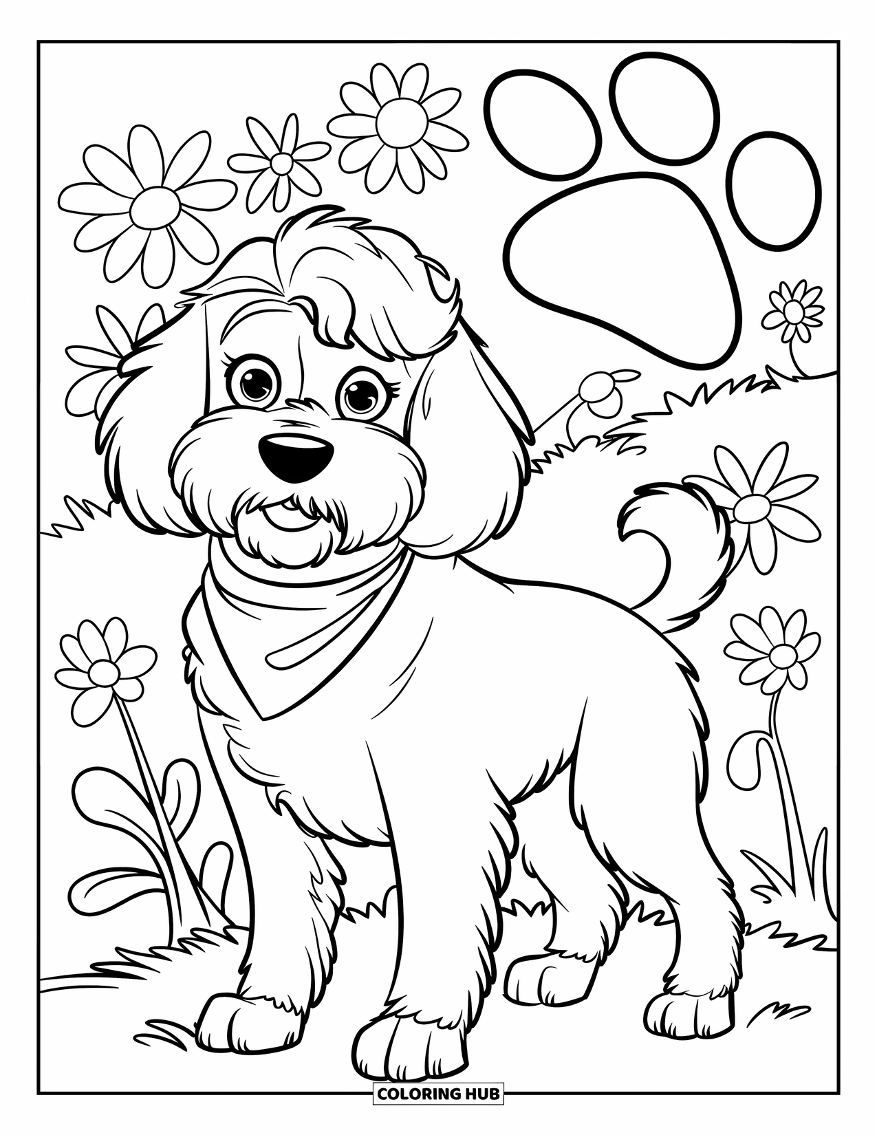 Goldendoodle Coloring Page for Kids: Goldendoodle with a bandana standing among flowers and paw prints