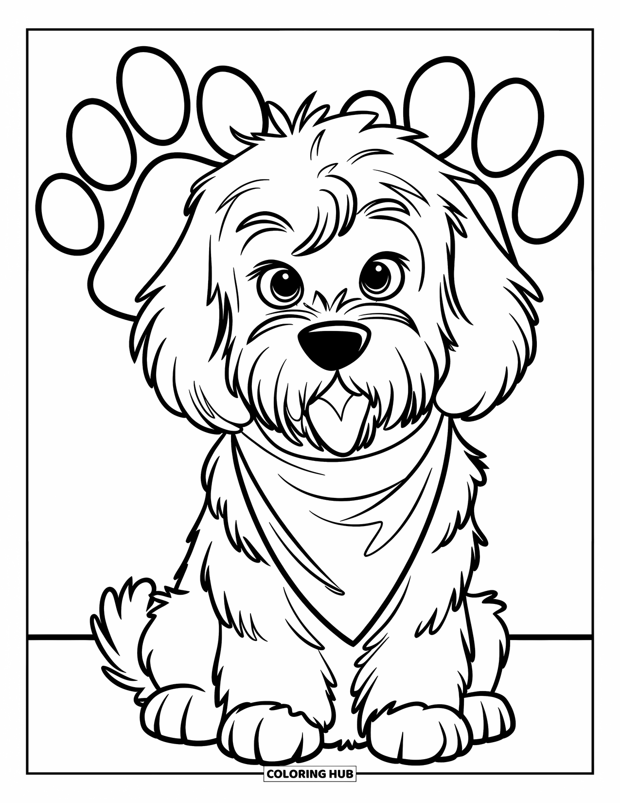 Goldendoodle Coloring Page for Kids: Goldendoodle with a bandana standing with two large paw prints behind