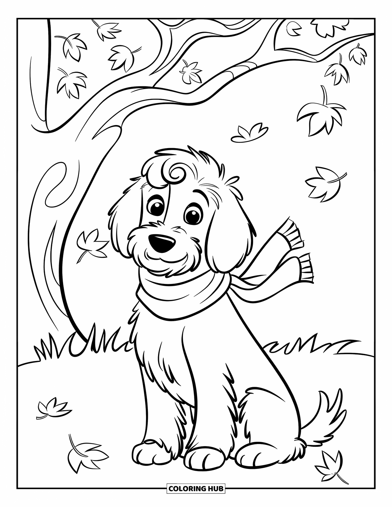 Goldendoodle Coloring Page for Kids: Goldendoodle with a scarf sitting under a tree with falling leaves