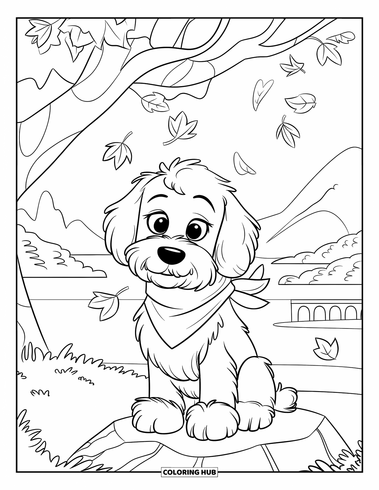 Goldendoodle Coloring Page for Kids: Goldendoodle with big eyes and scarf under a tree in a mountain landscape
