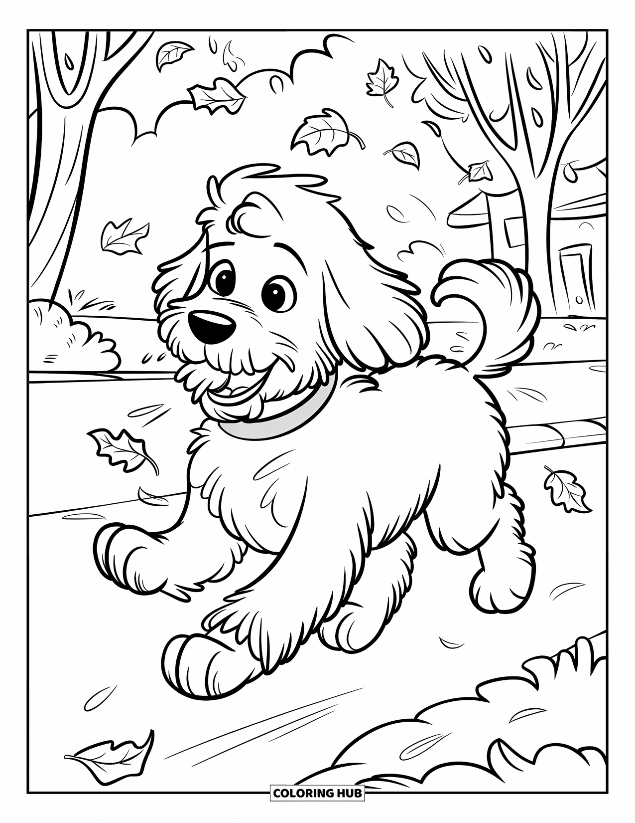Goldendoodle Coloring Page for Kids: Goldendoodle with yellow collar running through a park with trees and a building