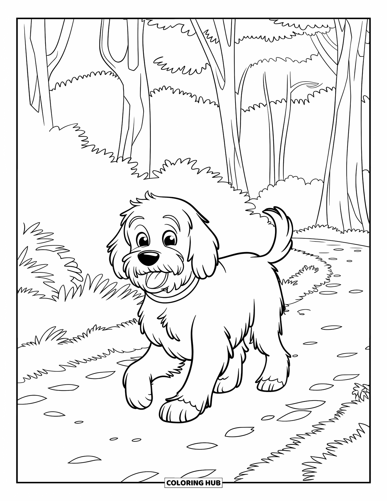 Goldendoodle Coloring Page for Kids: Playful Goldendoodle walking on a leafy trail surrounded by thick-trunked trees