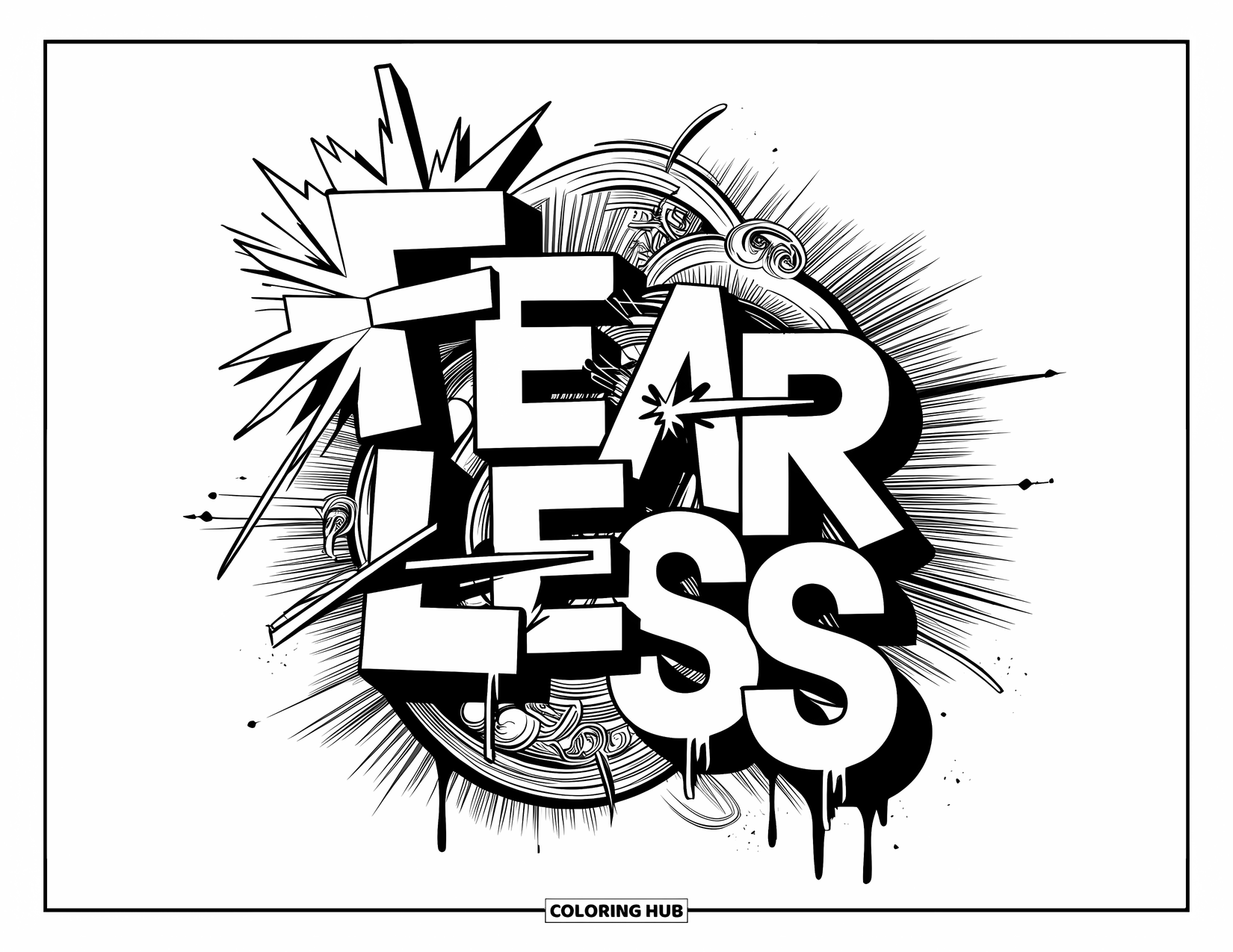 Graffiti Word Coloring Page for Adults: Bold "Fearless" blocks with arrows, cracks, drips, and layered graffiti textures