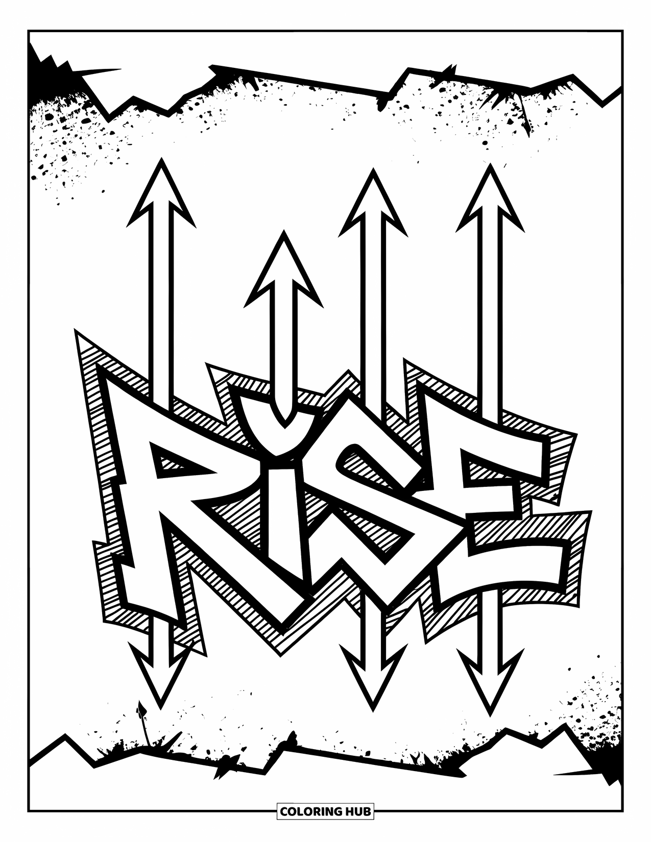 Graffiti Word Coloring Page for Adults: Bold "Rise" graffiti with vertical arrows and splatter textures