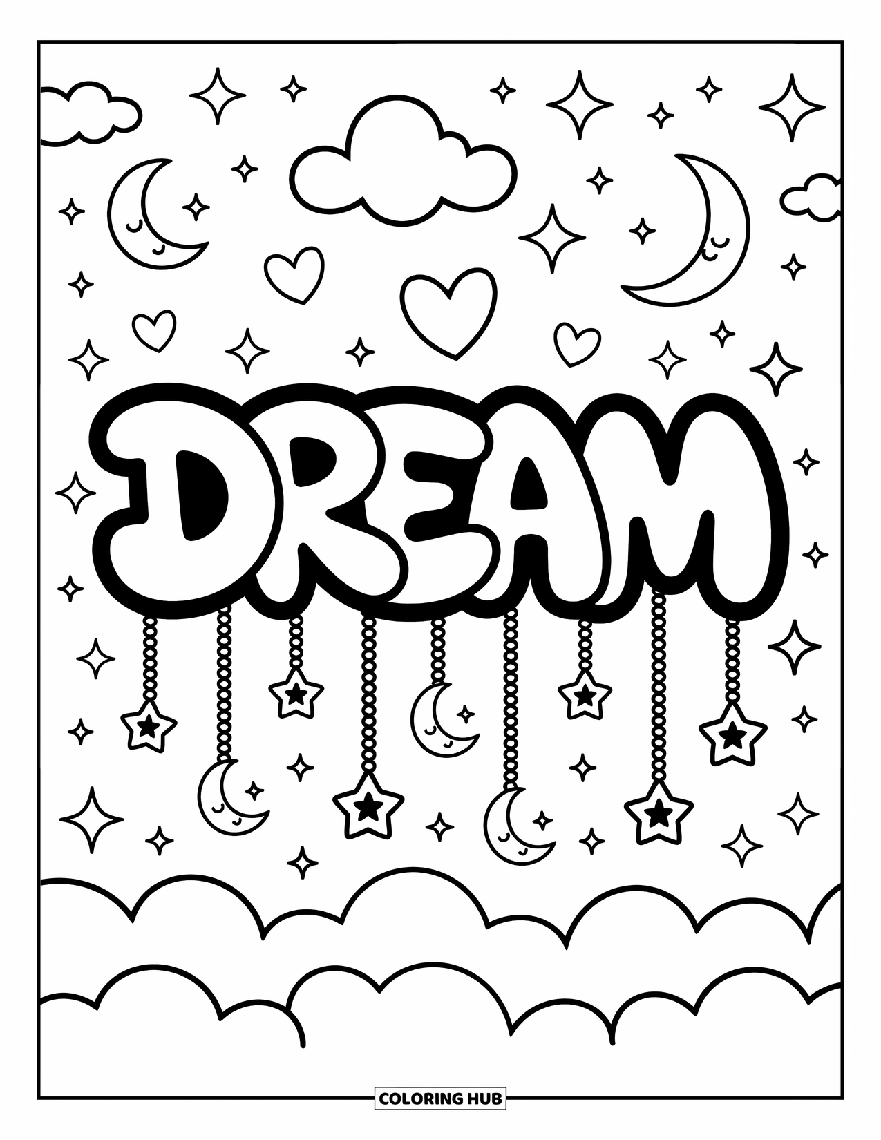 Graffiti Word Coloring Page for Adults: Cloudy "Dream" letters with stars, hearts, ribbons, and sleepy doodle moons