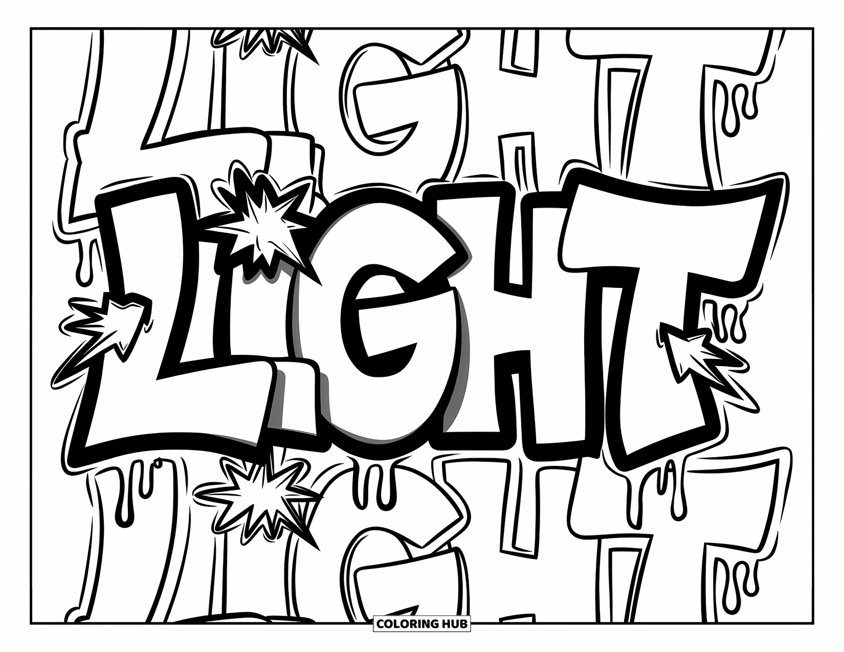 Graffiti Word Coloring Page for Adults: "Light" in cracked blocks with glowing arrows, echo text, and dripping details