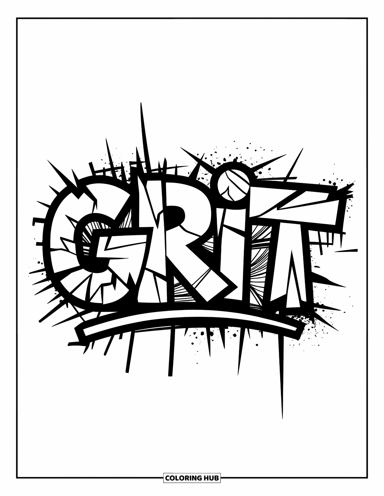 Graffiti Word Coloring Page for Adults: Rugged "Grit" graffiti with cracked edges and layered, grungy textures