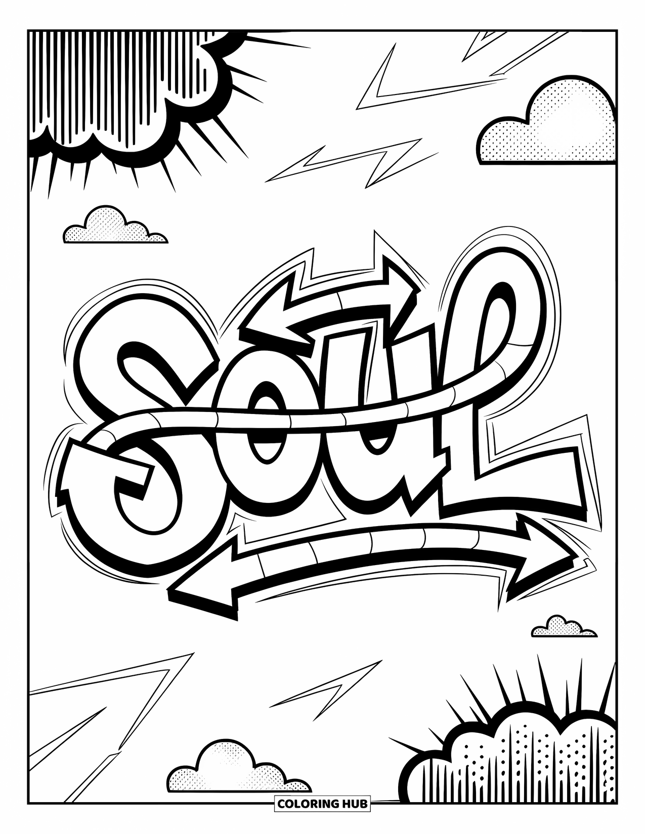 Graffiti Word Coloring Page for Adults: "Soul" in stylized graffiti script with winding arrows and thick cloud sprays