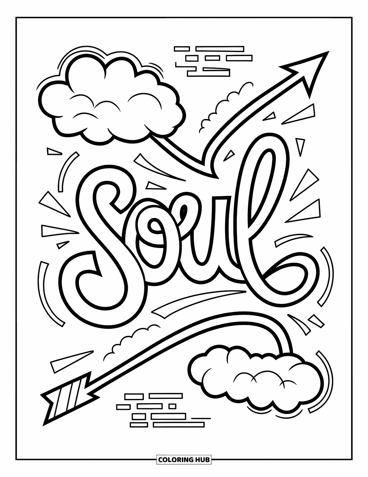 Graffiti Word Coloring Page for Adults: Stylized "Soul" graffiti with flowy letters, cloud sprays, and energetic accents