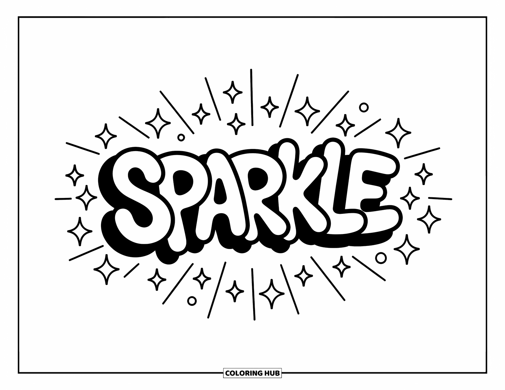 Graffiti Word Coloring Page for Adults: Whimsical "Sparkle" letters with tiny gems, starbursts, and playful sparkles all around