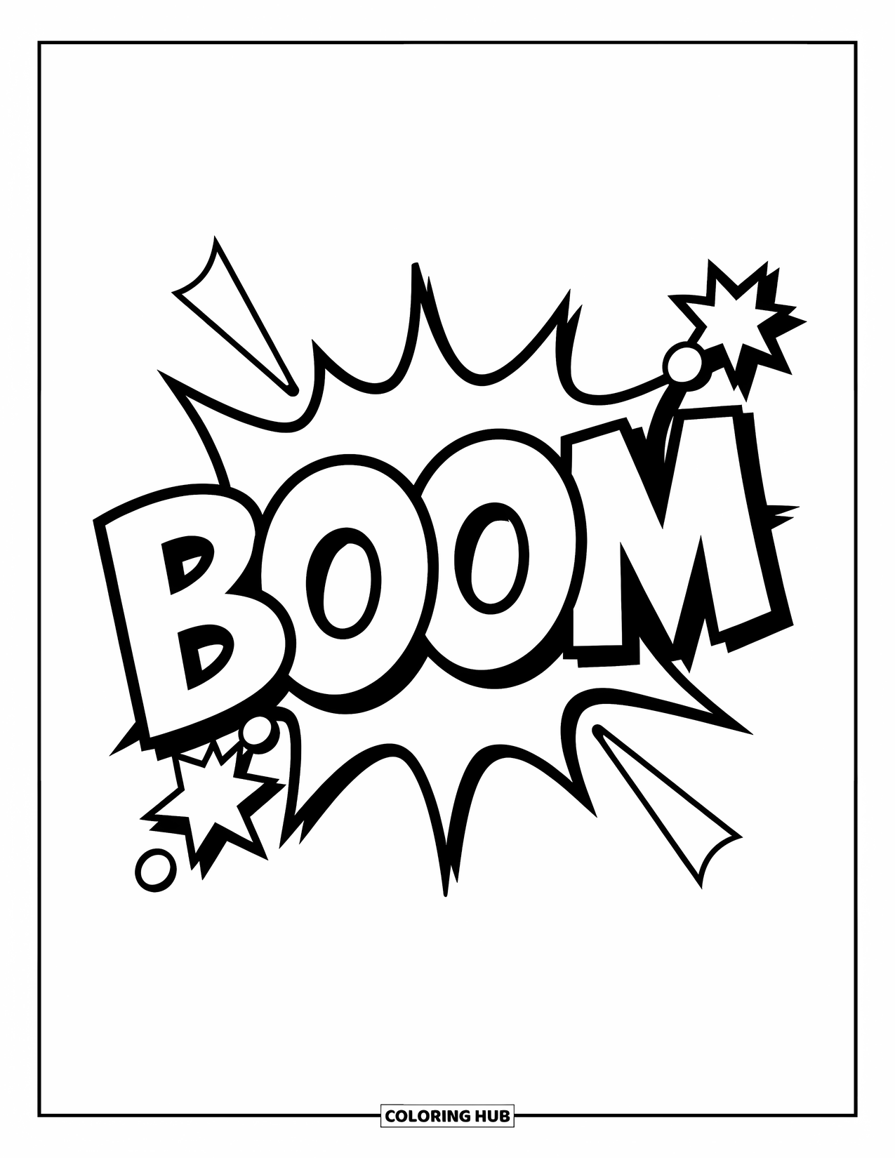 Graffiti Word Coloring Page for Kids: Big "Boom" lettering with comic-style stars and motion bursts