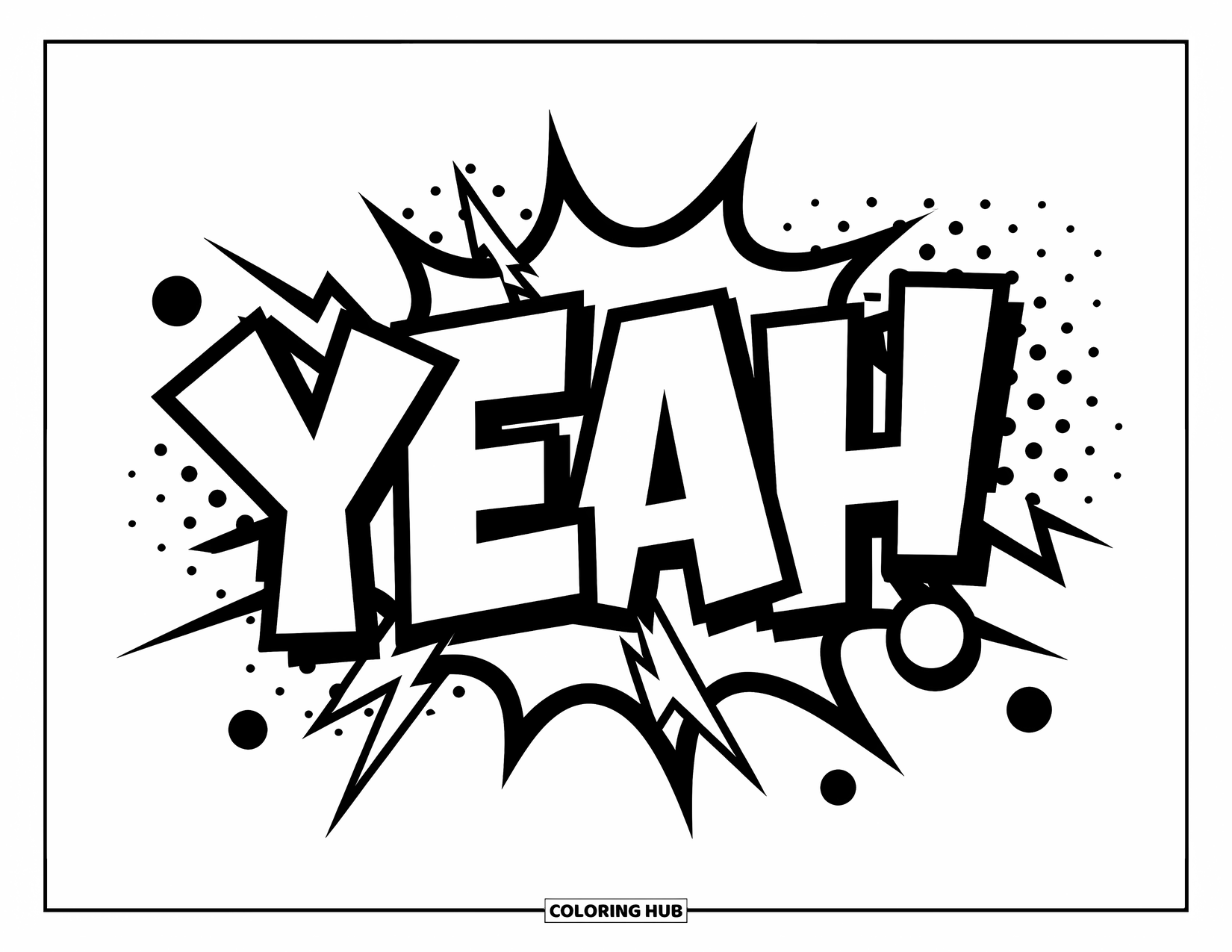 Graffiti Word Coloring Page for Kids: Bold "Yeah" graffiti with comic-style lightning and dotted frames