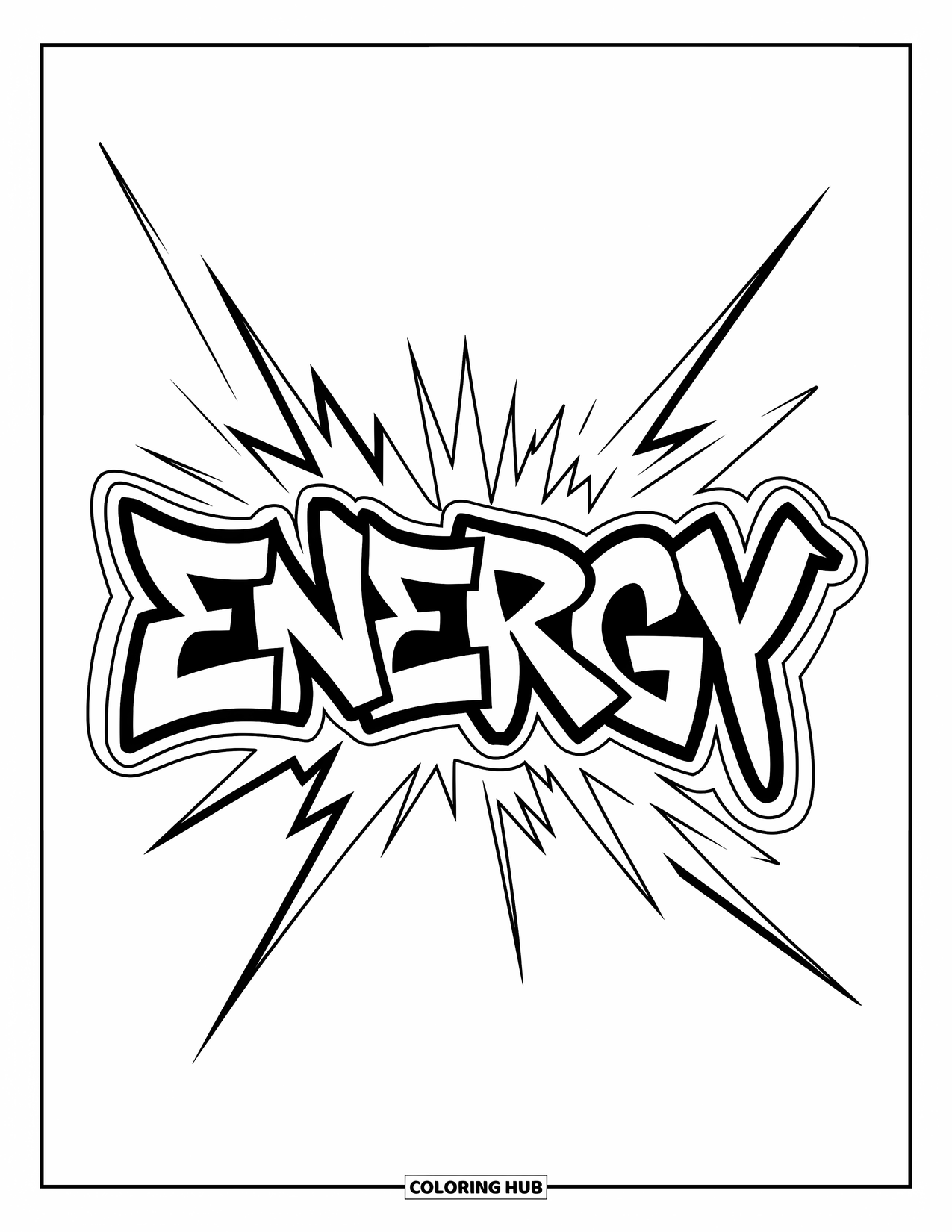 Graffiti Word Coloring Page for Kids: "Energy" in thick graffiti with sharp lines, sparks, and expressive motion