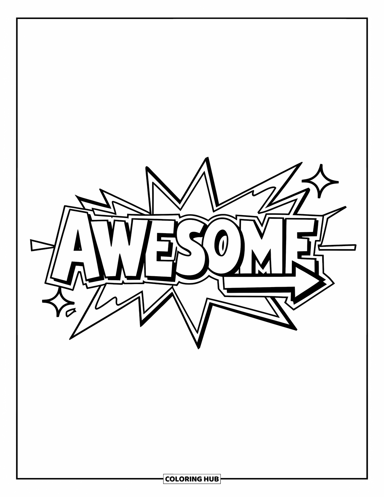 Graffiti Word Coloring Page for Kids: Fun "Awesome" design with starbursts and arrows pointing to the right