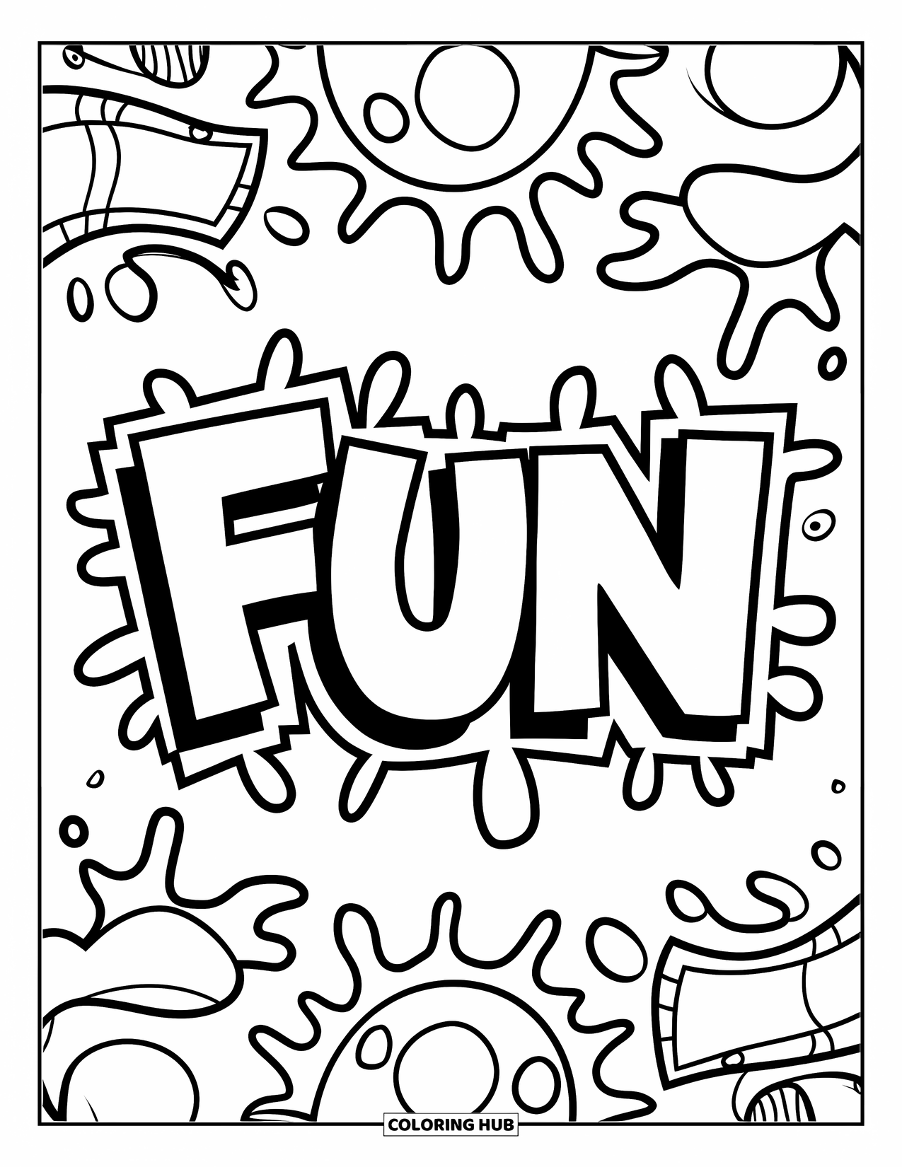 Graffiti Word Coloring Page for Kids: "Fun" in thick letters surrounded by cheerful splash shapes