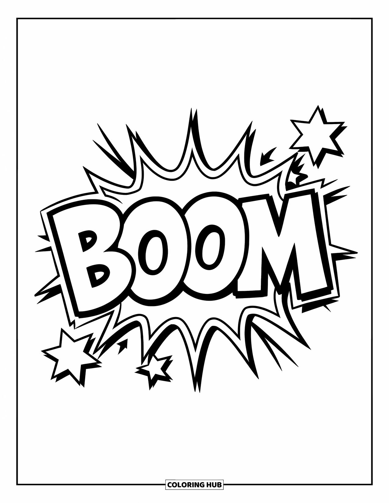 Graffiti Word Coloring Page for Kids: Graffiti-style "Boom" with comic bursts and scattered stars