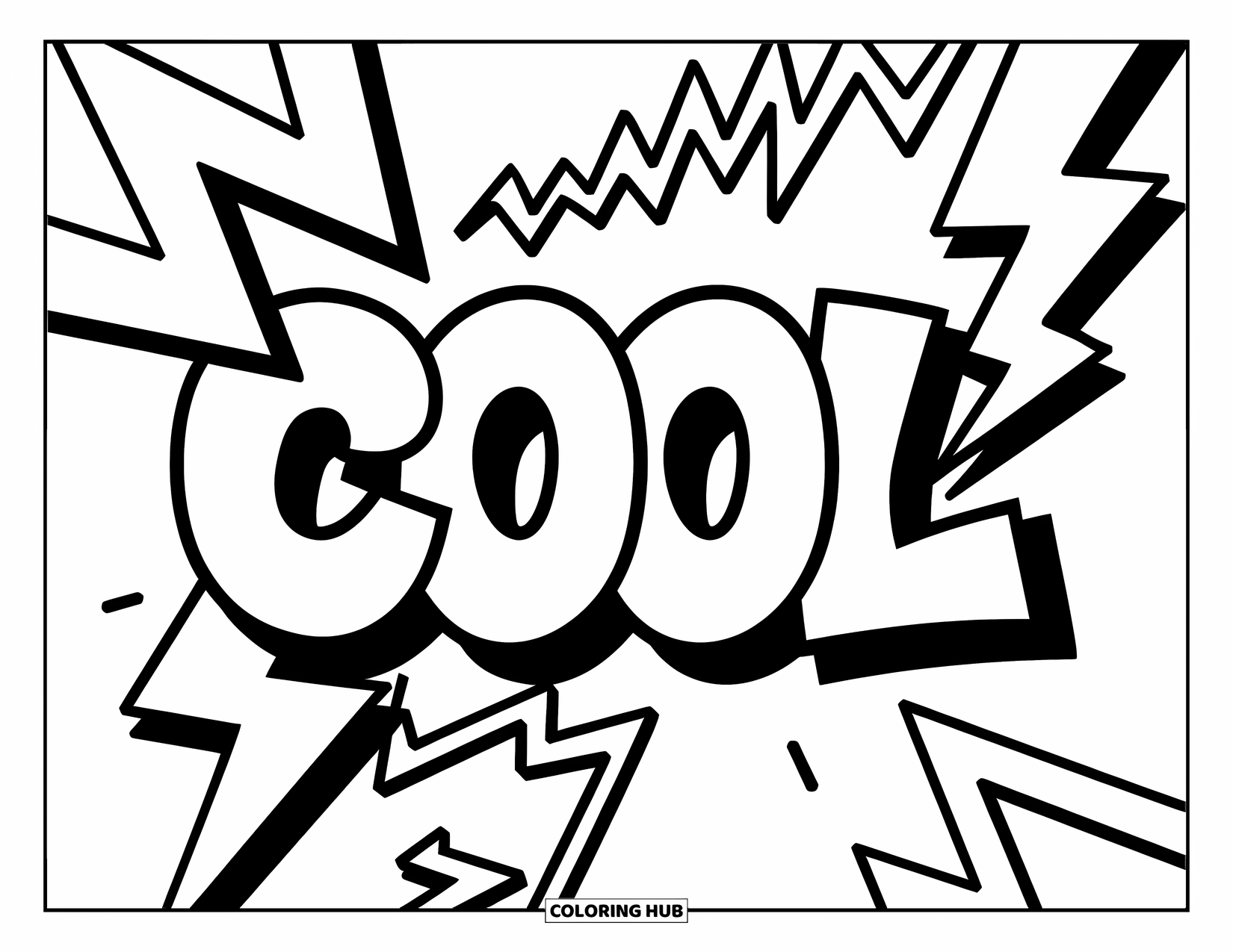 Graffiti Word Coloring Page for Kids: Graffiti-style "Cool" with cheerful lightning bolts and bold zigzags