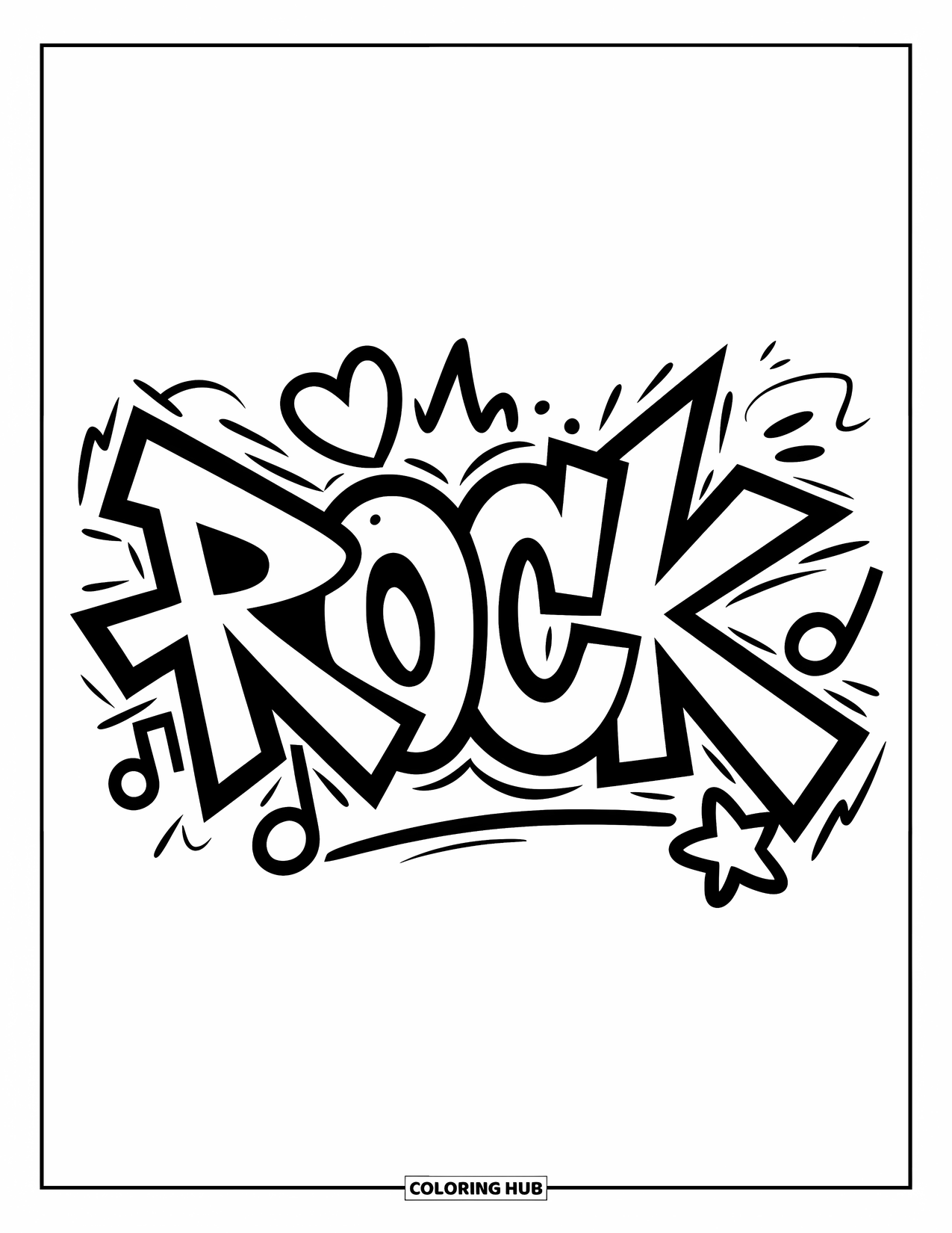 Graffiti Word Coloring Page for Kids: Graffiti-style "Rock" with hearts, music notes, and star accents