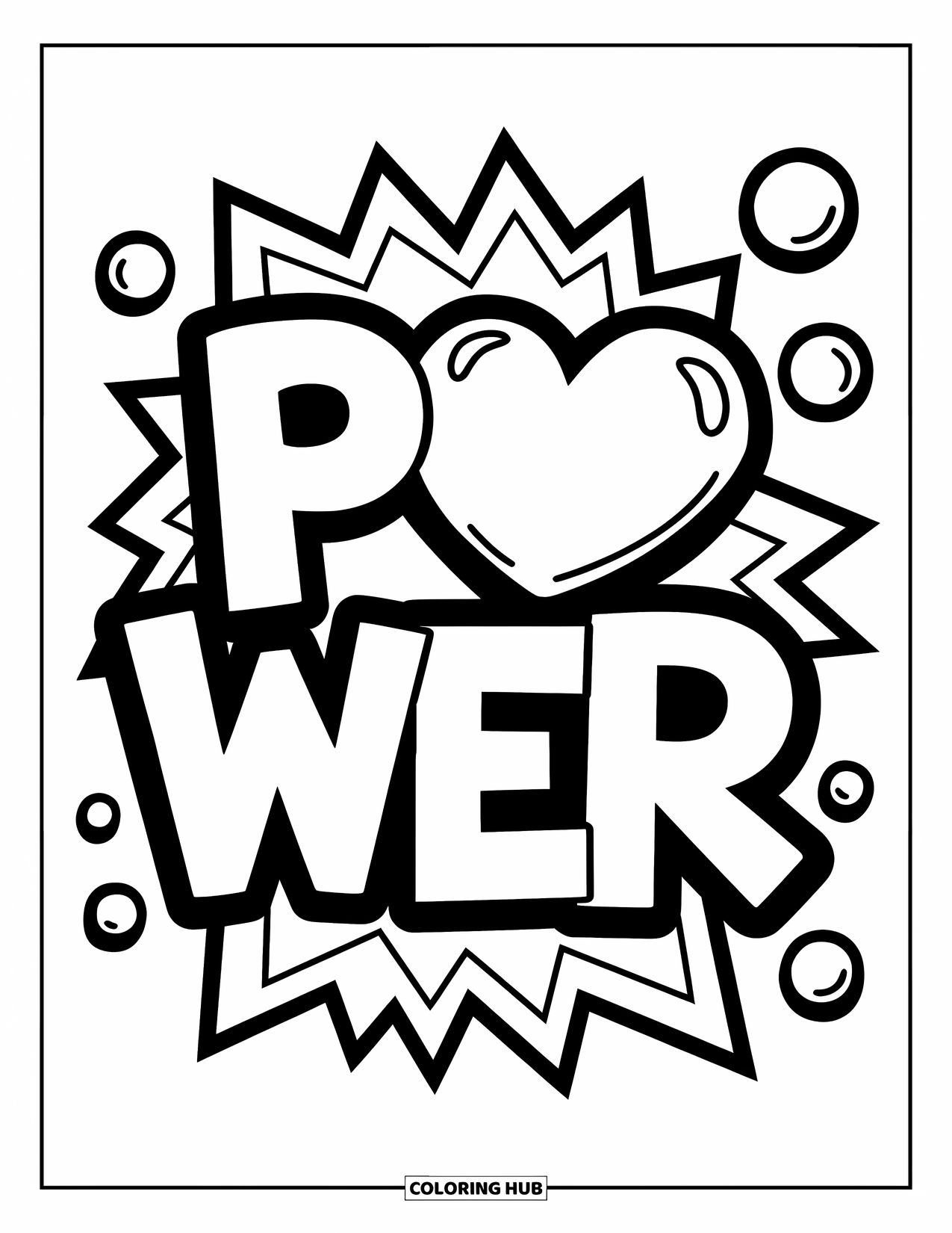 Graffiti Word Coloring Page for Kids: Graffiti word "Power" with a heart-shaped "O" and playful zigzag accents