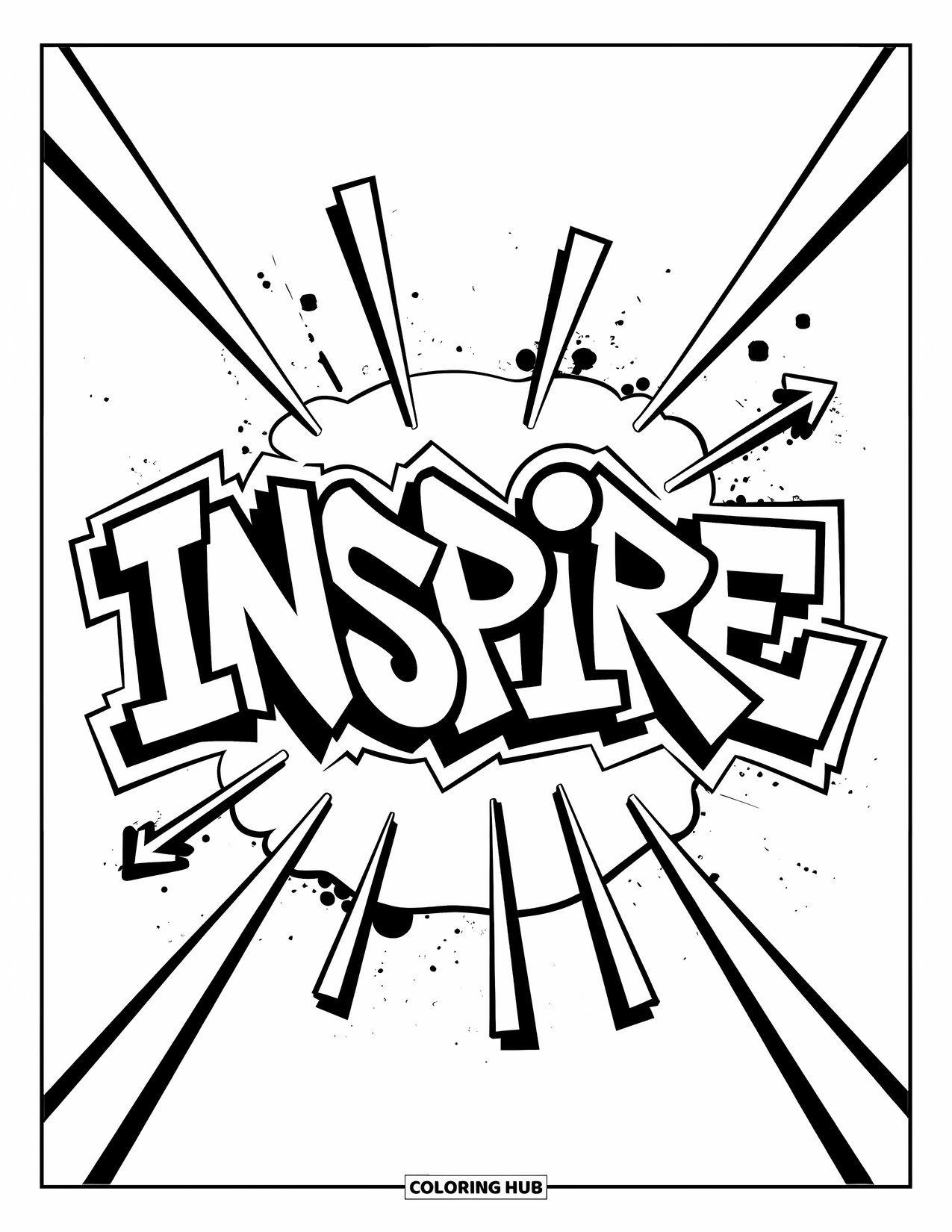 Graffiti Word Coloring Page for Kids: "Inspire" graffiti with upward arrows, bright beams, and splashy background