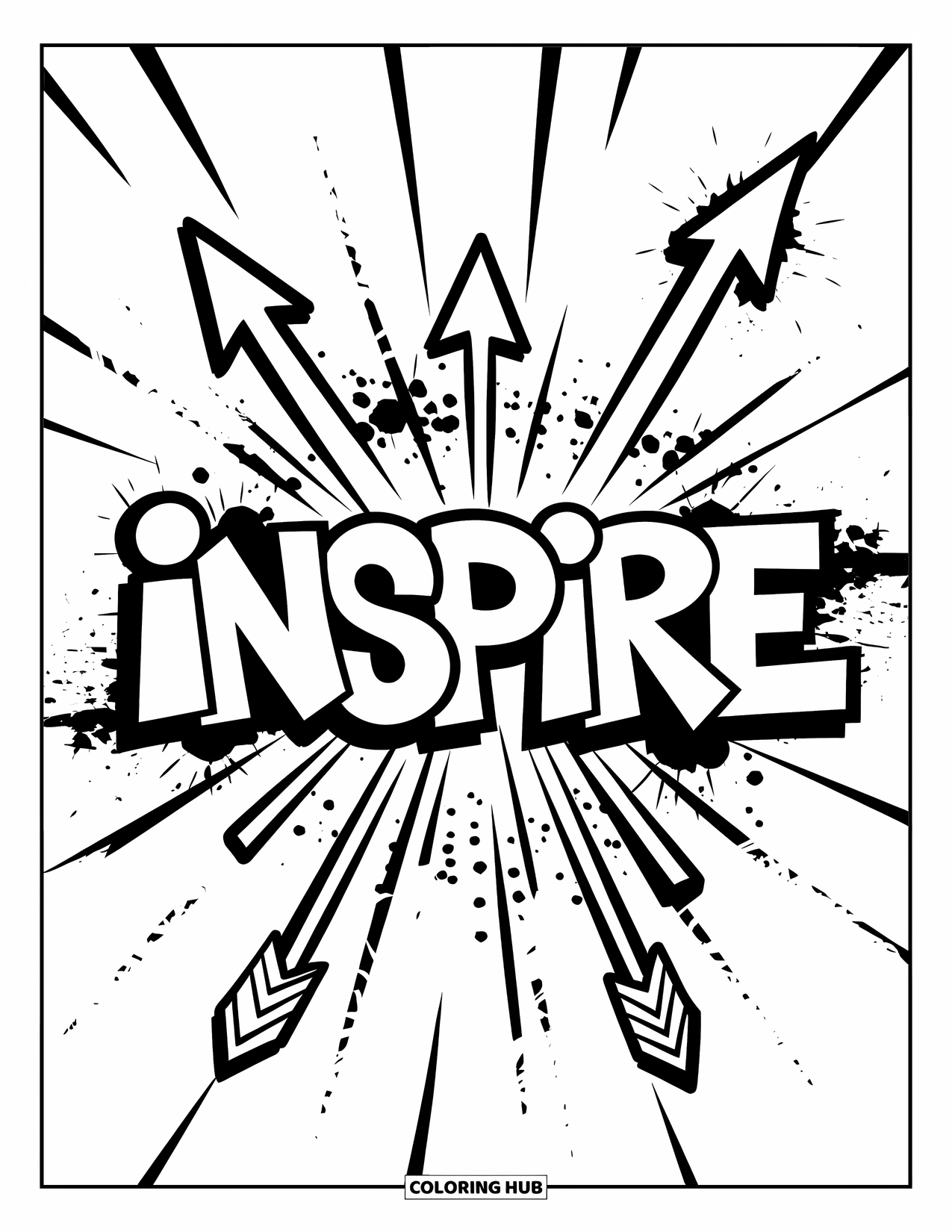 Graffiti Word Coloring Page for Kids: "Inspire" in bold graffiti surrounded by upward arrows, light beams, and paint splatters