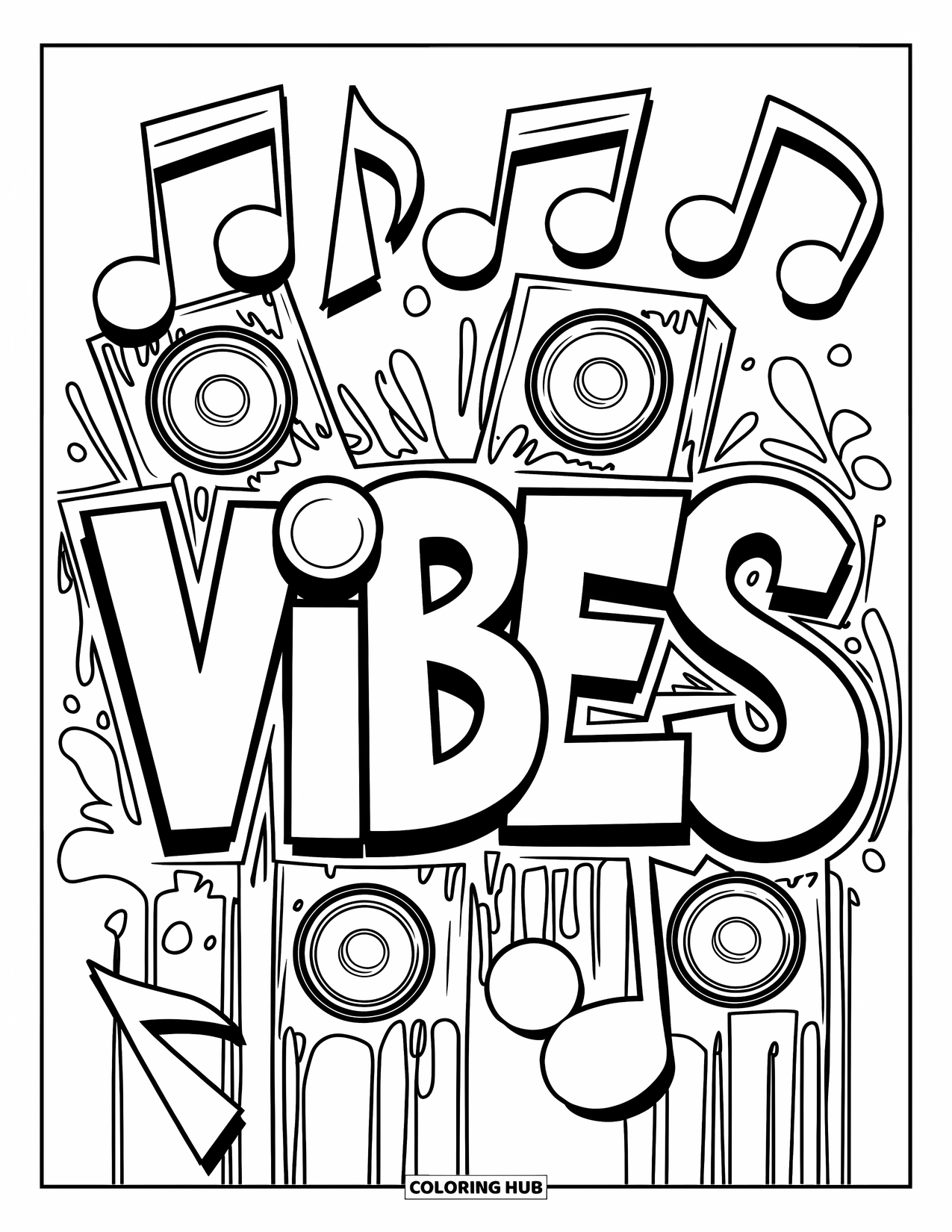 Graffiti Word Coloring Page for Kids: "Vibes" in graffiti style with music symbols and splashy paint effects