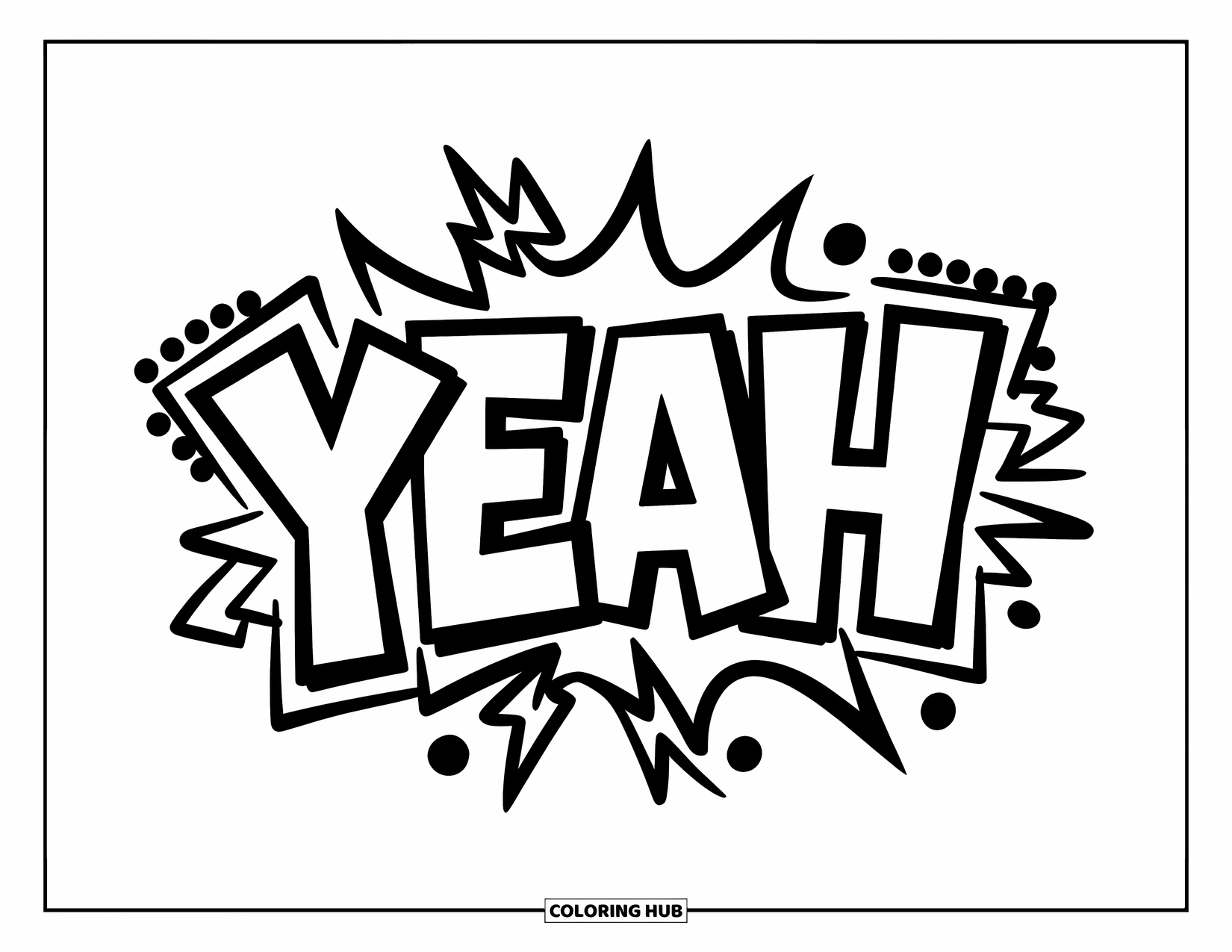 Graffiti Word Coloring Page for Kids: "Yeah" in graffiti comic font with dotted effects and lightning details