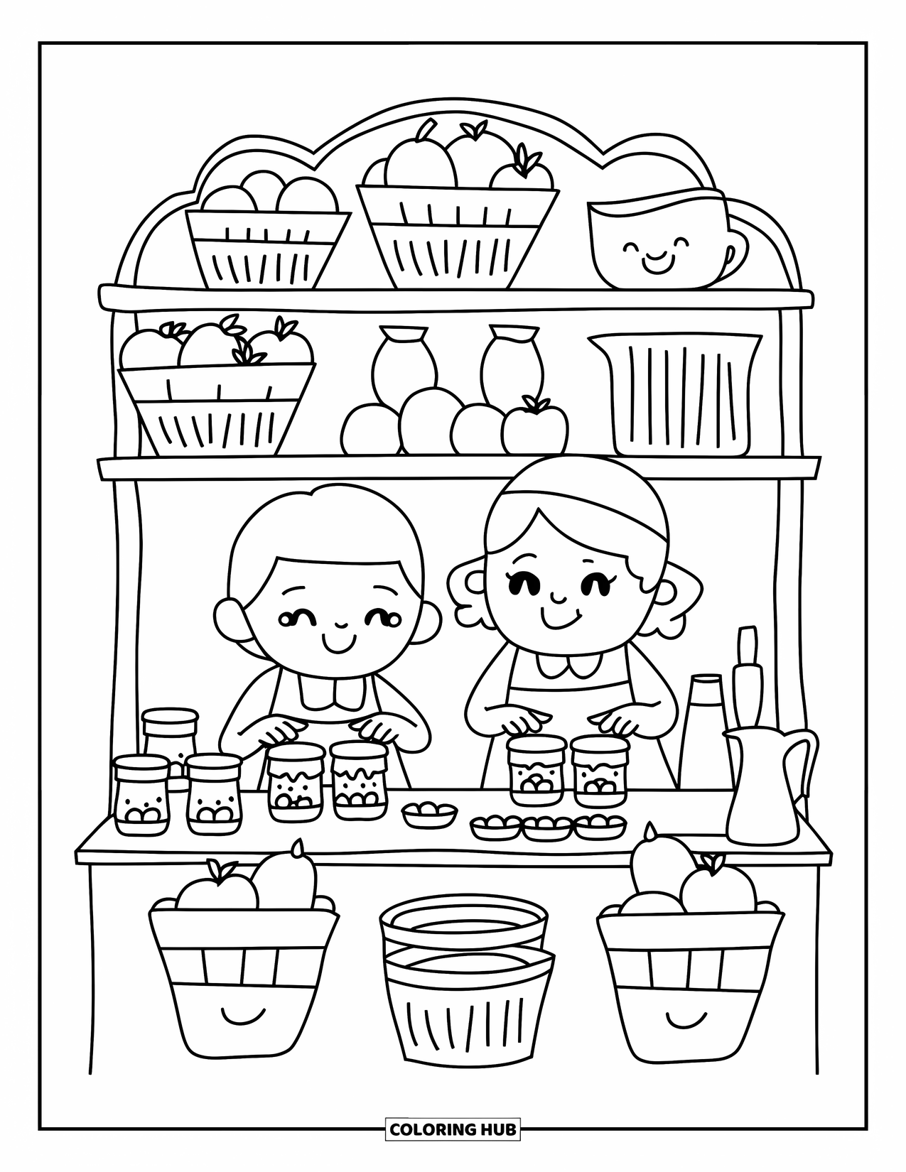 Grandparents Day Coloring Page for Adults: A cozy jam-making scene with grandparents showing how to seal jars and stack fruit baskets