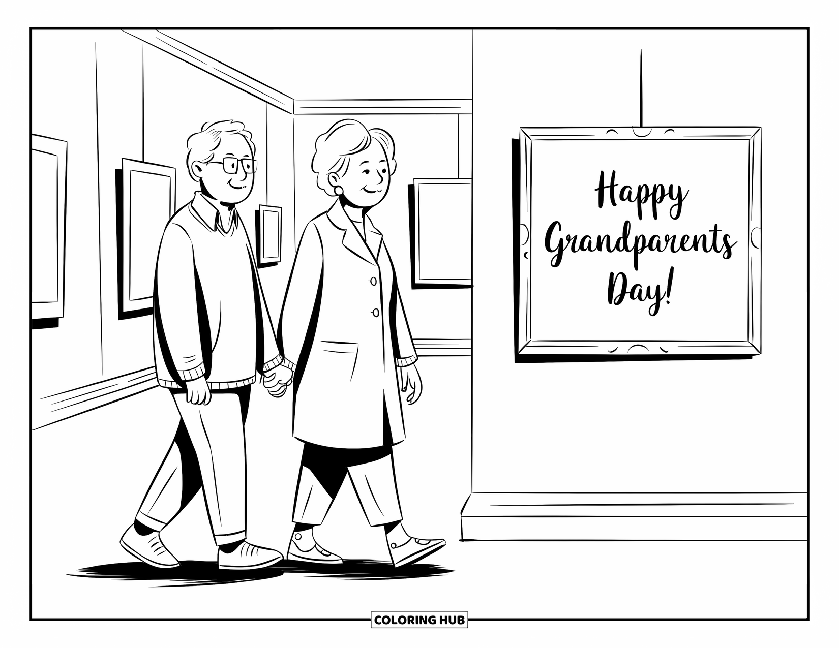 Grandparents Day Coloring Page for Adults: A loving pair strolls a museum gallery with art pieces and a Grandparents Day frame