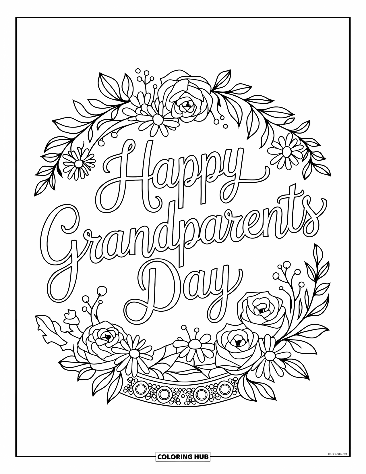 Grandparents Day Coloring Page for Adults: Elegant flower wreath surrounds a calligraphic "Happy Grandparents Day" with a border below