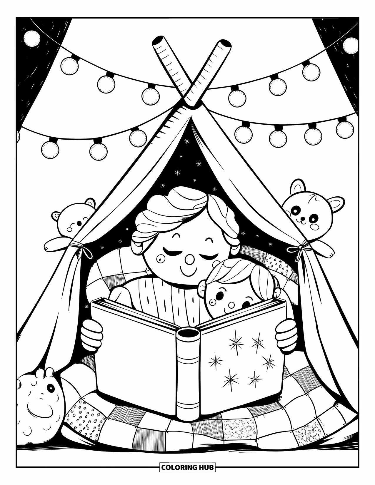 Grandparents Day Coloring Page for Adults: Grandparent reads a starry storybook inside a cozy blanket tent with cuddled child and plushies