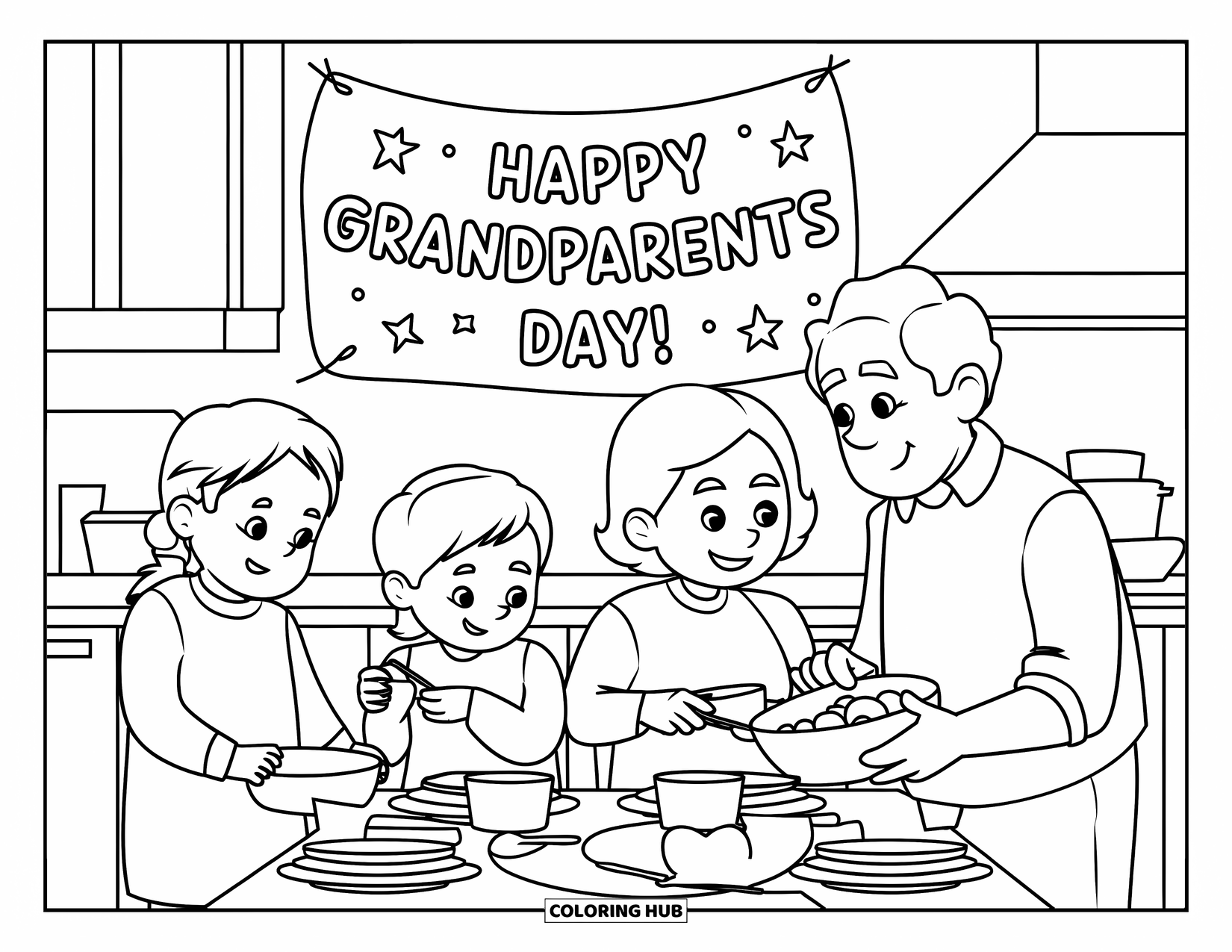 Grandparents Day Coloring Page for Adults: Grandparents and kids prepare a big dinner together with a festive banner on the wall