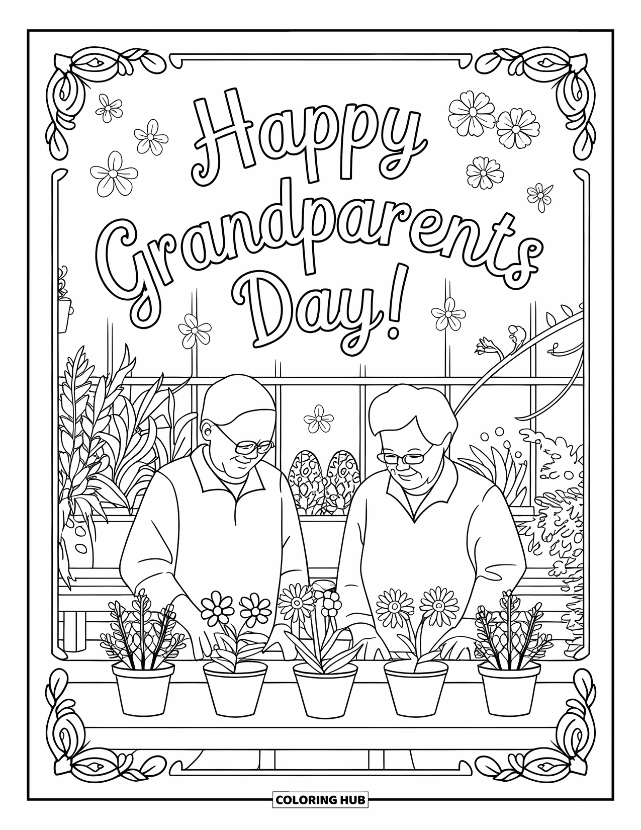 Grandparents Day Coloring Page for Adults: Grandparents care for potted plants in a greenhouse with blooming flowers and a message above